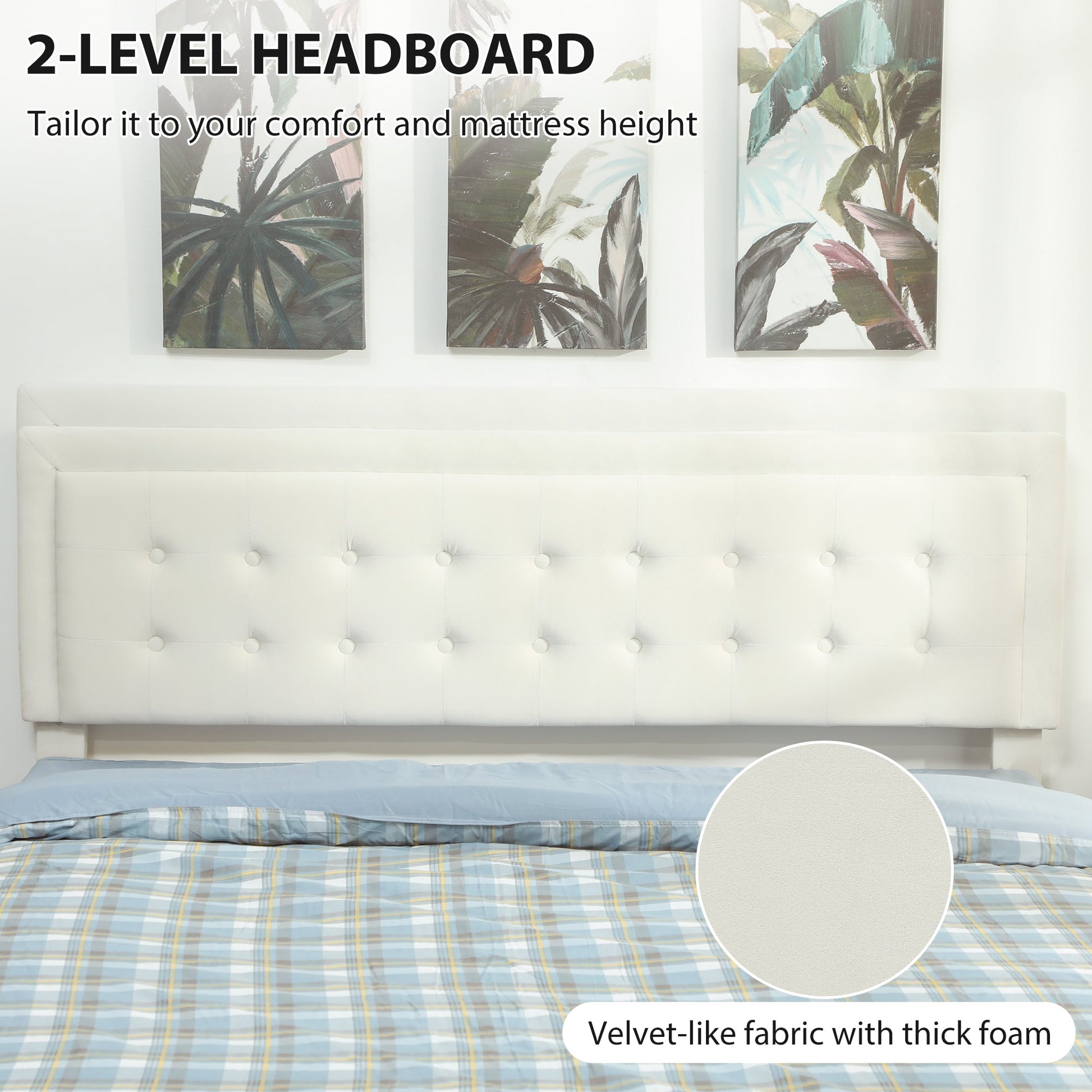 King Size Ottoman Bed Frame, 5ft Gas Lift Storage Bed with 2-Level Adjustable Velvet Upholstered Headboard, Wheeled Drawer and Wooden Slats, No Mattress, Cream White