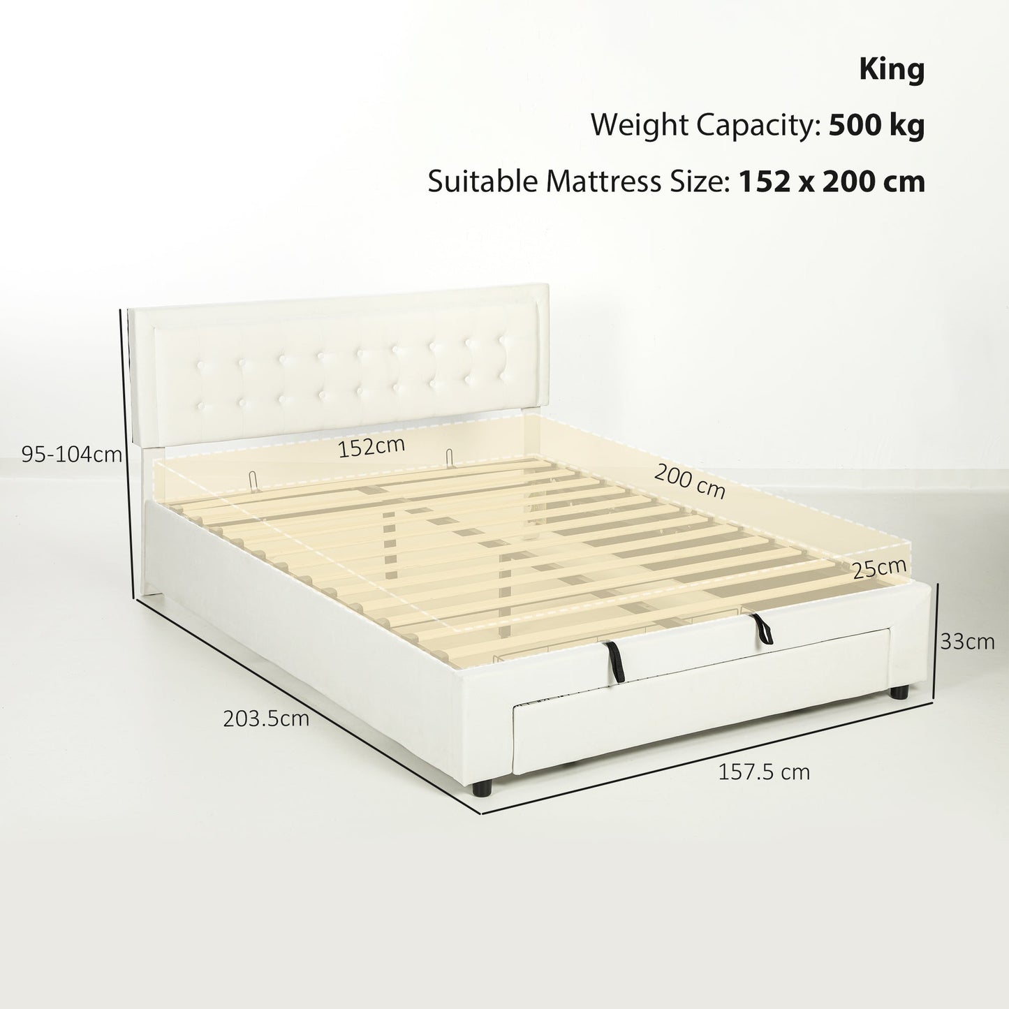 King Size Ottoman Bed Frame, 5ft Gas Lift Storage Bed with 2-Level Adjustable Velvet Upholstered Headboard, Wheeled Drawer and Wooden Slats, No Mattress, Cream White