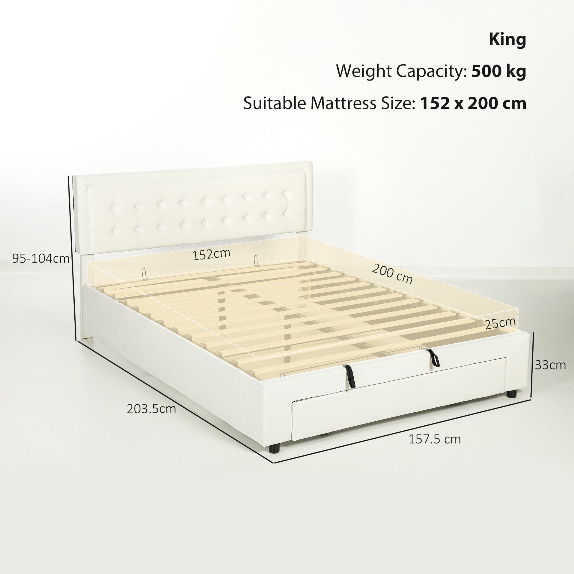 King Size Ottoman Bed Frame, 5ft Gas Lift Storage Bed with 2-Level Adjustable Velvet Upholstered Headboard, Wheeled Drawer and Wooden Slats, No Mattress, Cream White