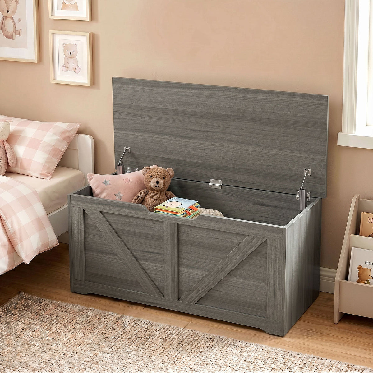 127L Storage Chest, Shoe Storage Trunk Bench Box with 2 Safety Hinges and U-shaped Cut-out Pull, Blanket Box Ottoman for Bedroom, Living Room, Entryway, 100 x 40 x 45 cm, Dark Grey Wood-Effect