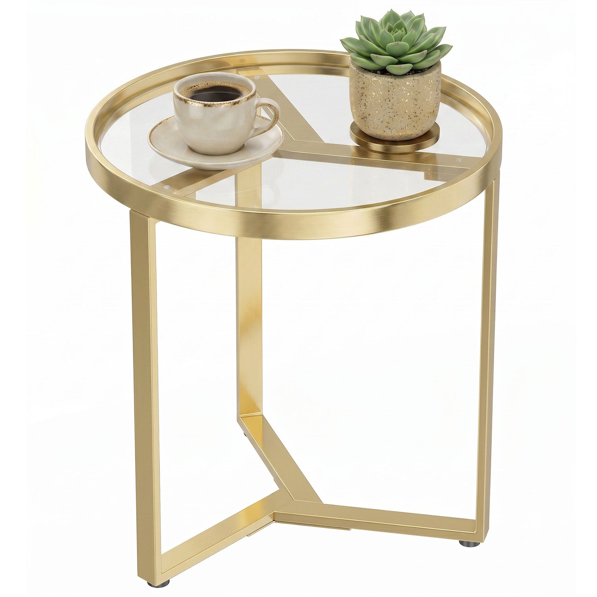 Round Side Table with Tempered Glass Top, Modern End Table with Geometric Metal Frame for Small Space, Living Room and Bedroom, Gold Tone