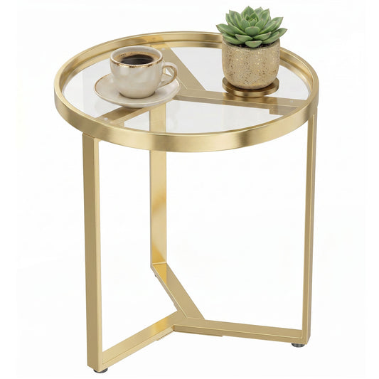 Round Side Table with Tempered Glass Top, Modern End Table with Geometric Metal Frame for Small Space, Living Room and Bedroom, Gold Tone