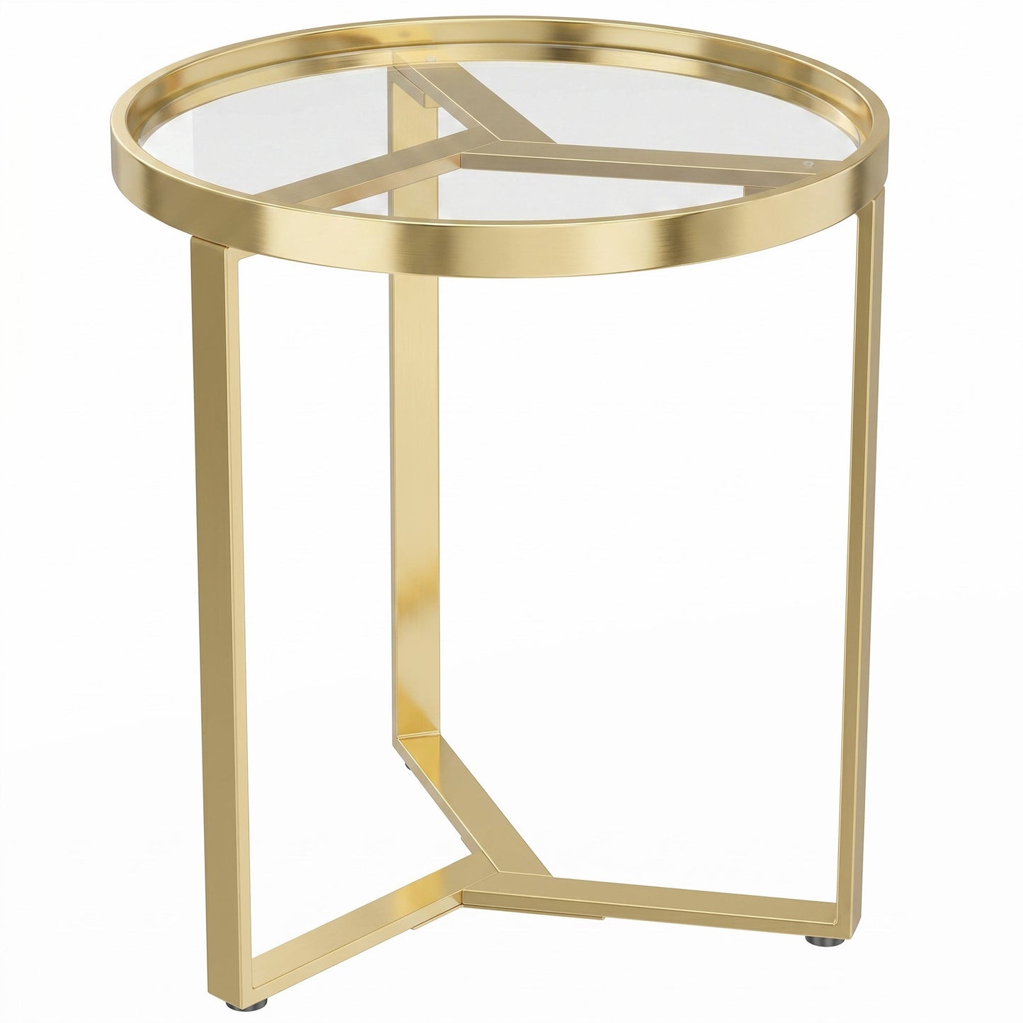 Round Side Table with Tempered Glass Top, Modern End Table with Geometric Metal Frame for Small Space, Living Room and Bedroom, Gold Tone