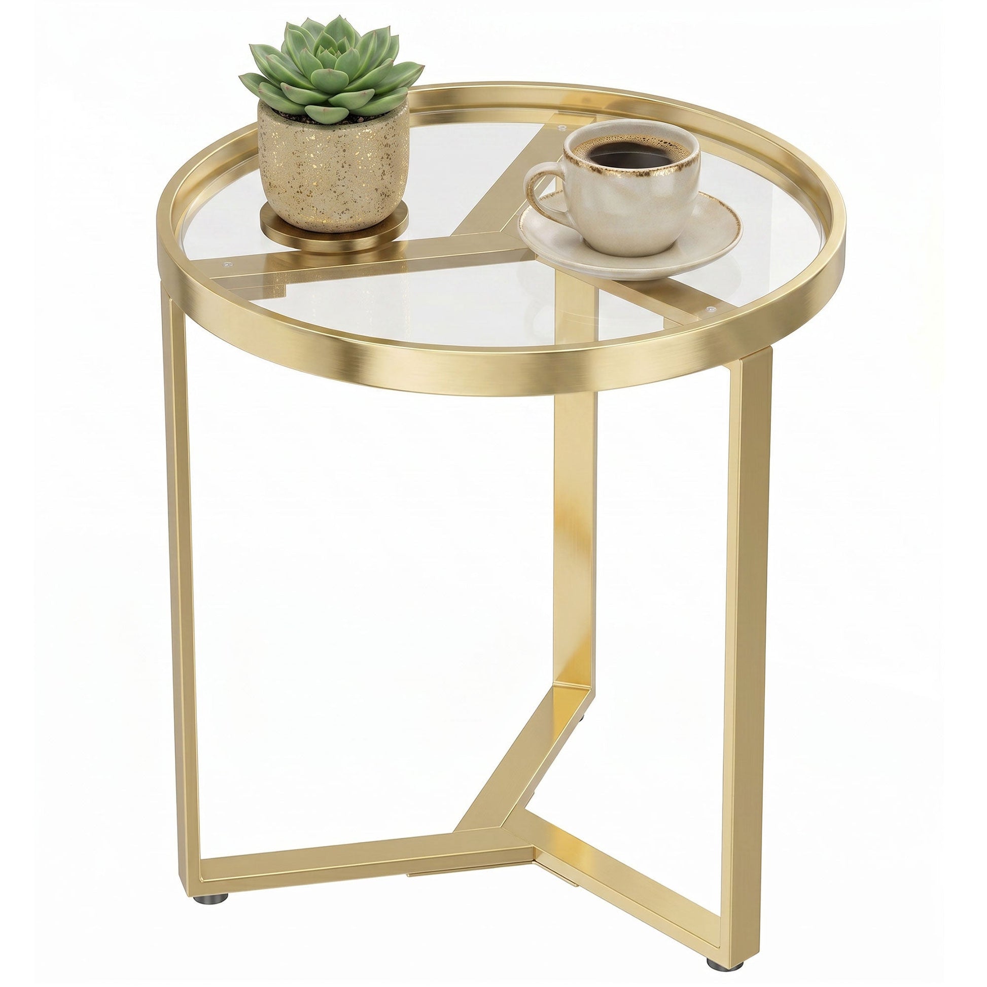 Round Side Table with Tempered Glass Top, Modern End Table with Geometric Metal Frame for Small Space, Living Room and Bedroom, Gold Tone