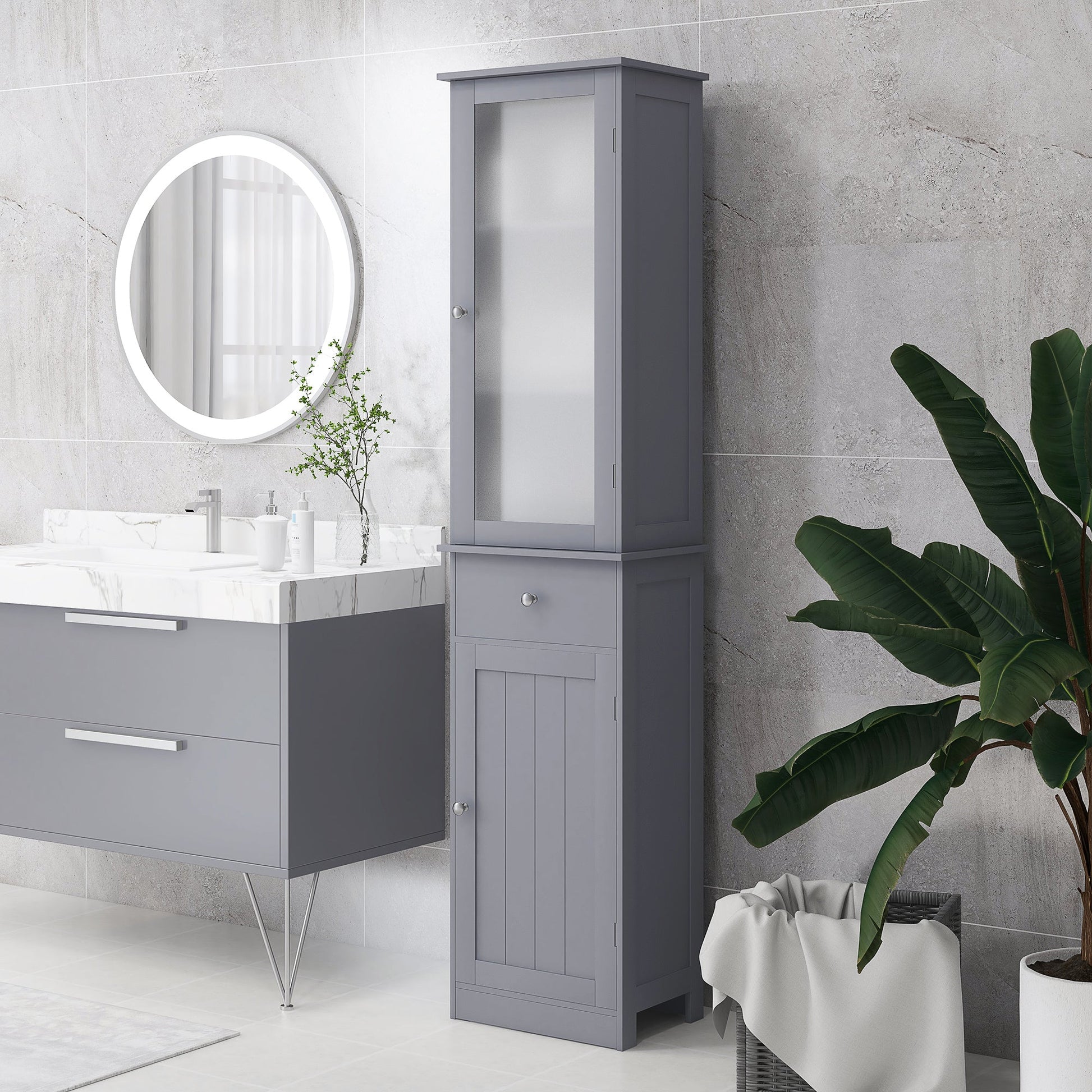 kleankin Bathroom Storage Cabinet with 3-tier Shelf Drawer Door, Floor Cabinet Free Standing Tall Slim Side Organizer Shelves, Grey