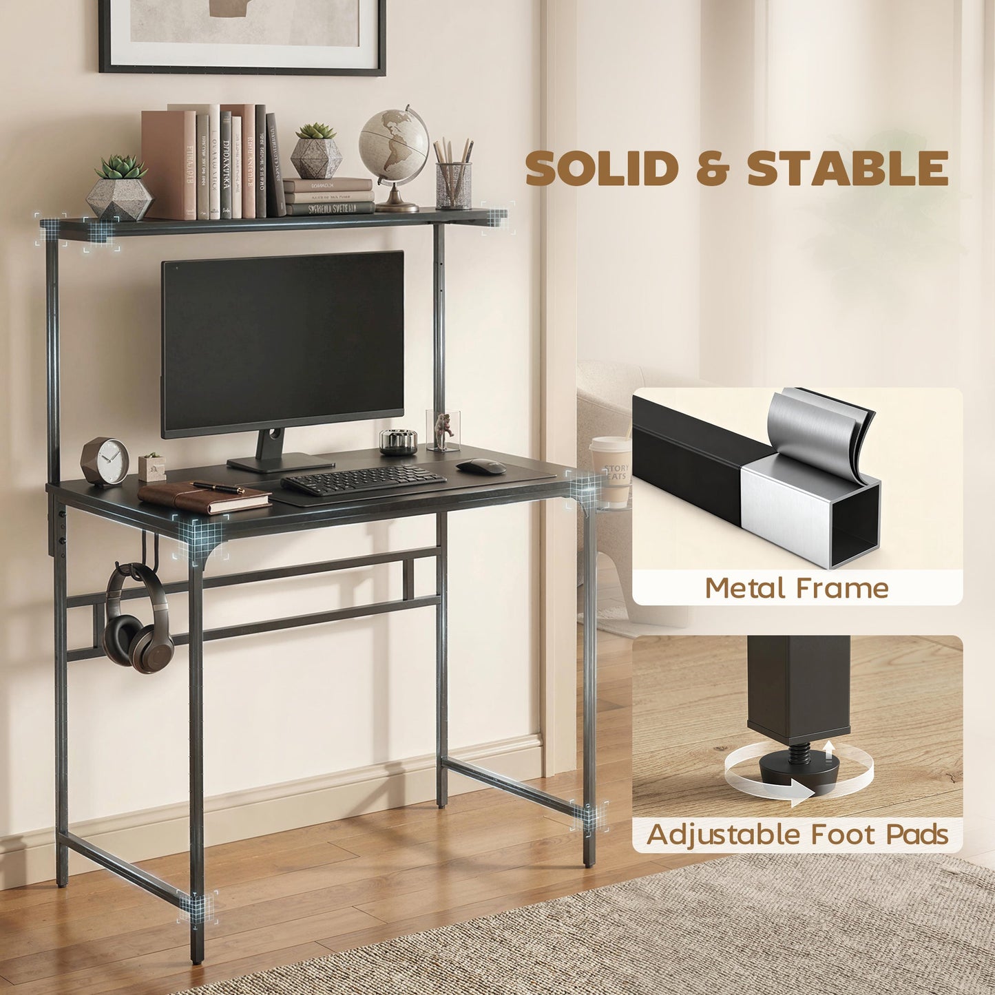 Computer Desk, 80cm Home Office Study Table with Hutch Shelf, Cup Holder, Headphone Hook, Metal Frame, Space Saving Writing Desk, Black