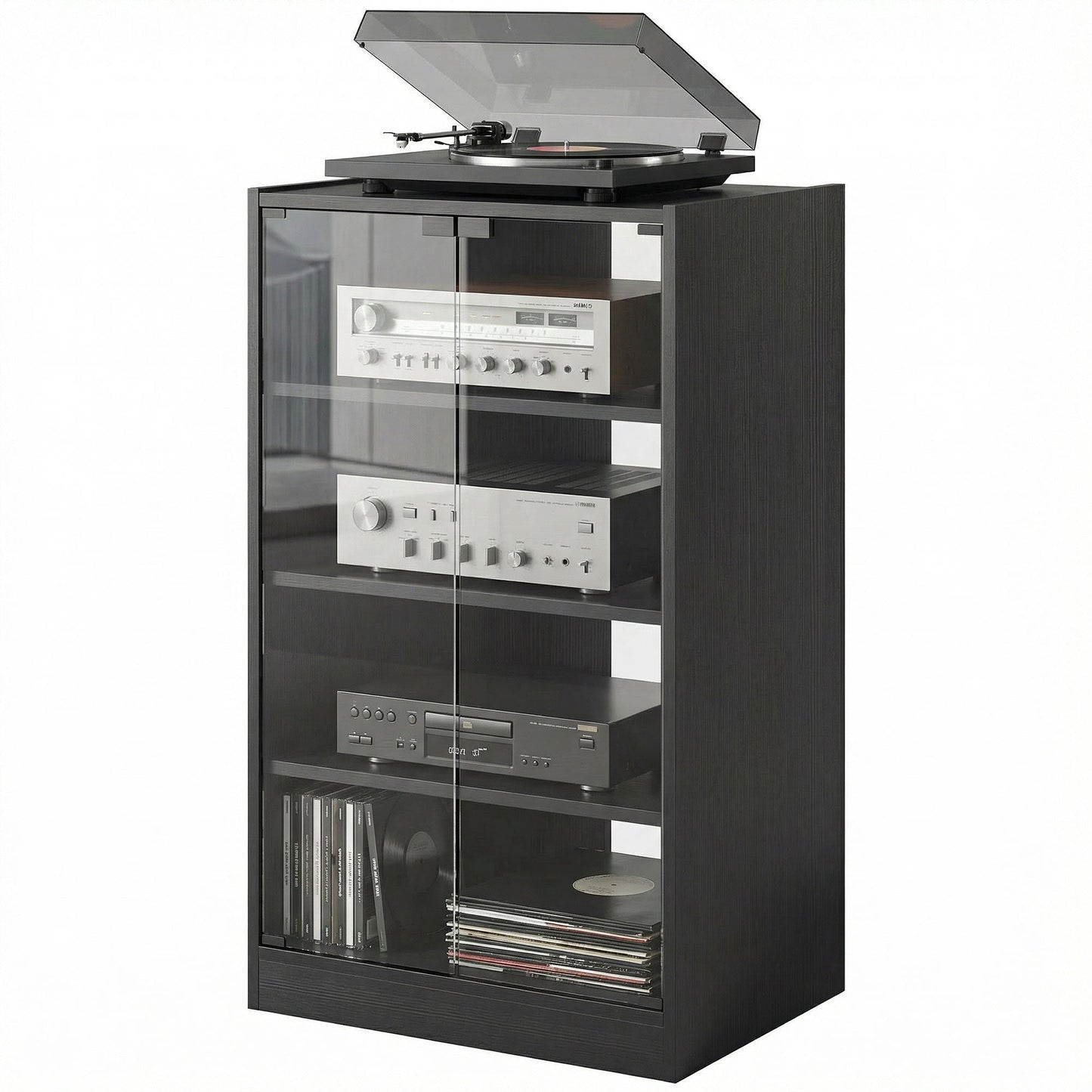 Record Player Stand with Storage, 4-Tier Hi-Fi Stand, Media Cabinet with Adjustable Shelves, Push-to-Open Glass Doors and Cable Management for Music Room and Living Room, Black Wood-Effect