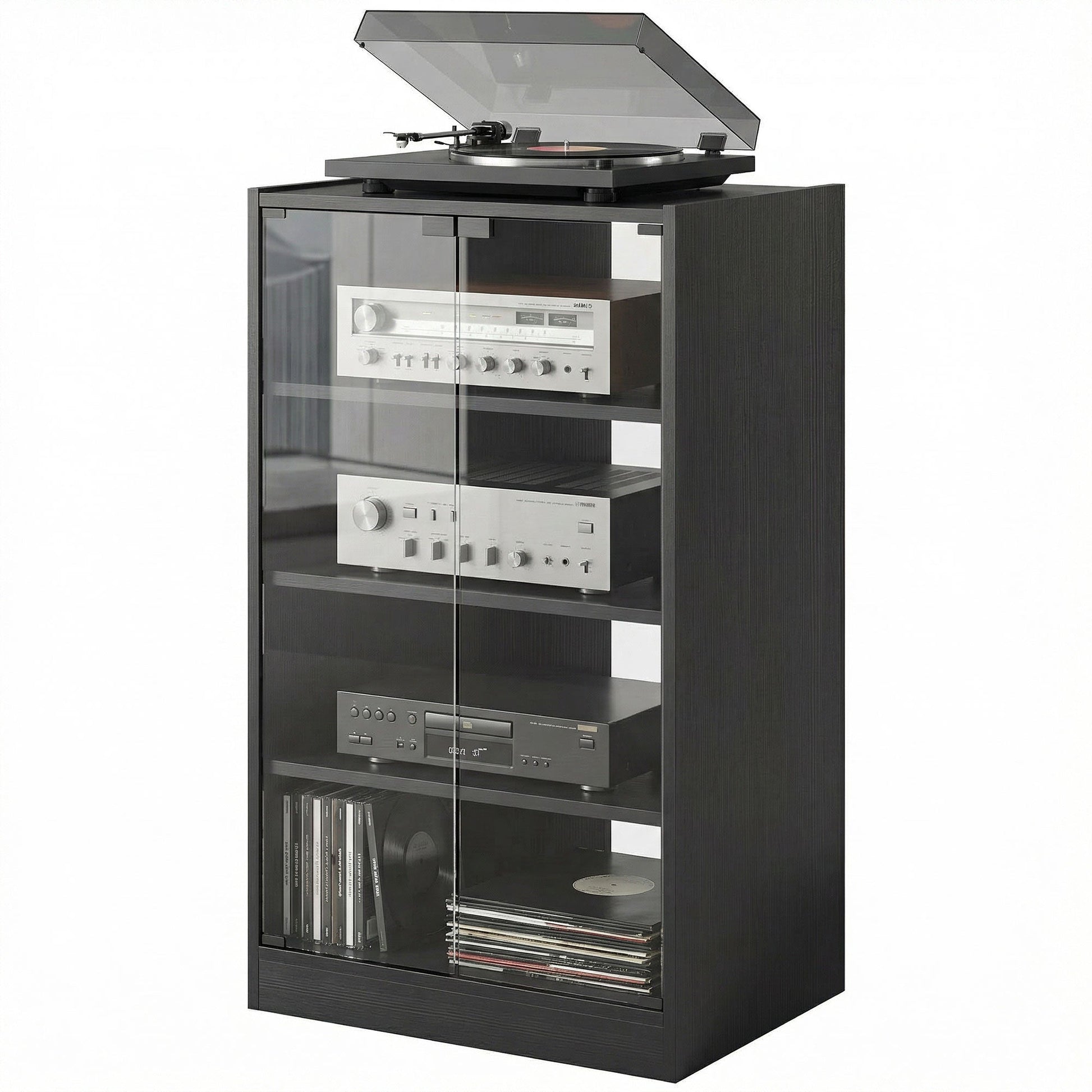 Record Player Stand with Storage, 4-Tier Hi-Fi Stand, Media Cabinet with Adjustable Shelves, Push-to-Open Glass Doors and Cable Management for Music Room and Living Room, Black Wood-Effect