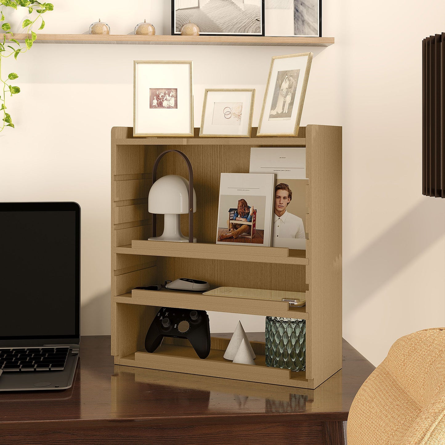 HOMCOM 4-Tier Desk Organiser, Multifunctional Assembled Desktop Organiser with Adjustable Shelves and Cable Management for Stationery, Office Supplies, Paper, Oak Tone