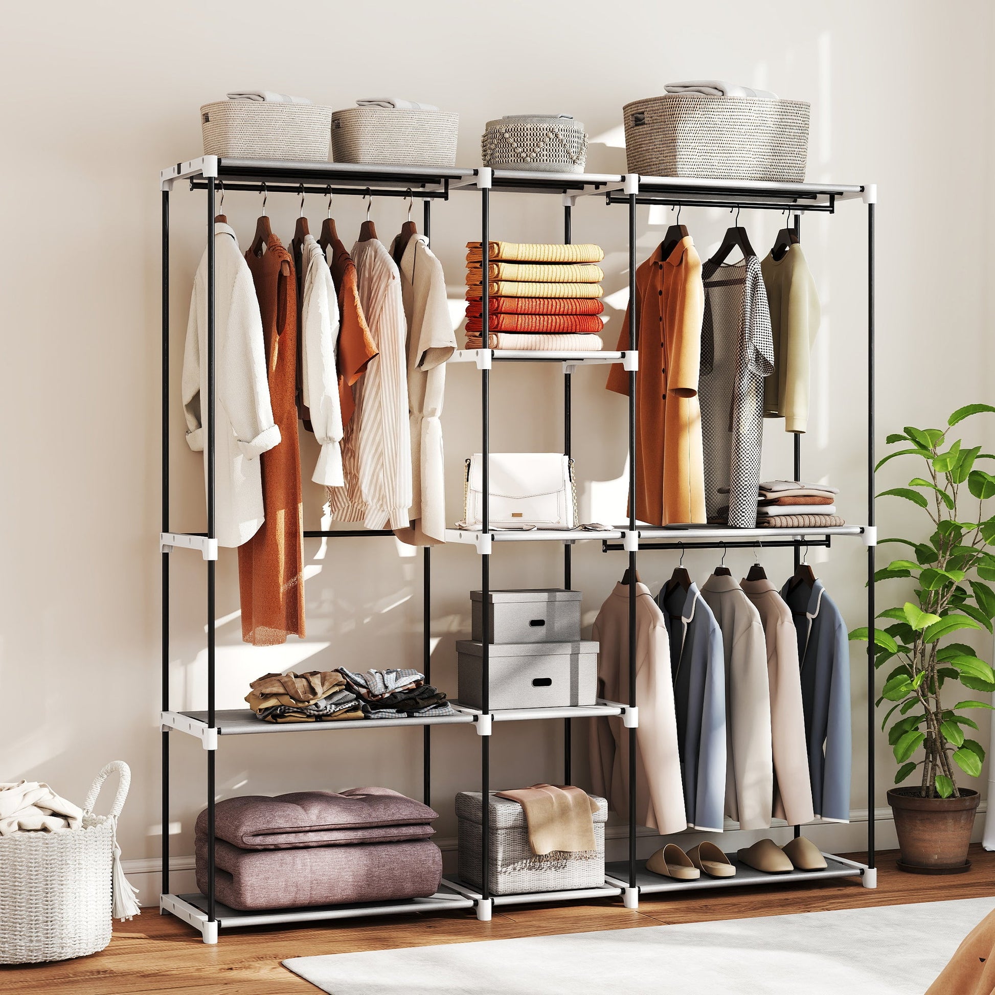 Portable Wardrobe, Open Clothes Wardrobe with 8 Shelves, 3 Hanging Rails, Freestanding Coat Rack Organiser, 182 x 43 x 185cm, Light Grey