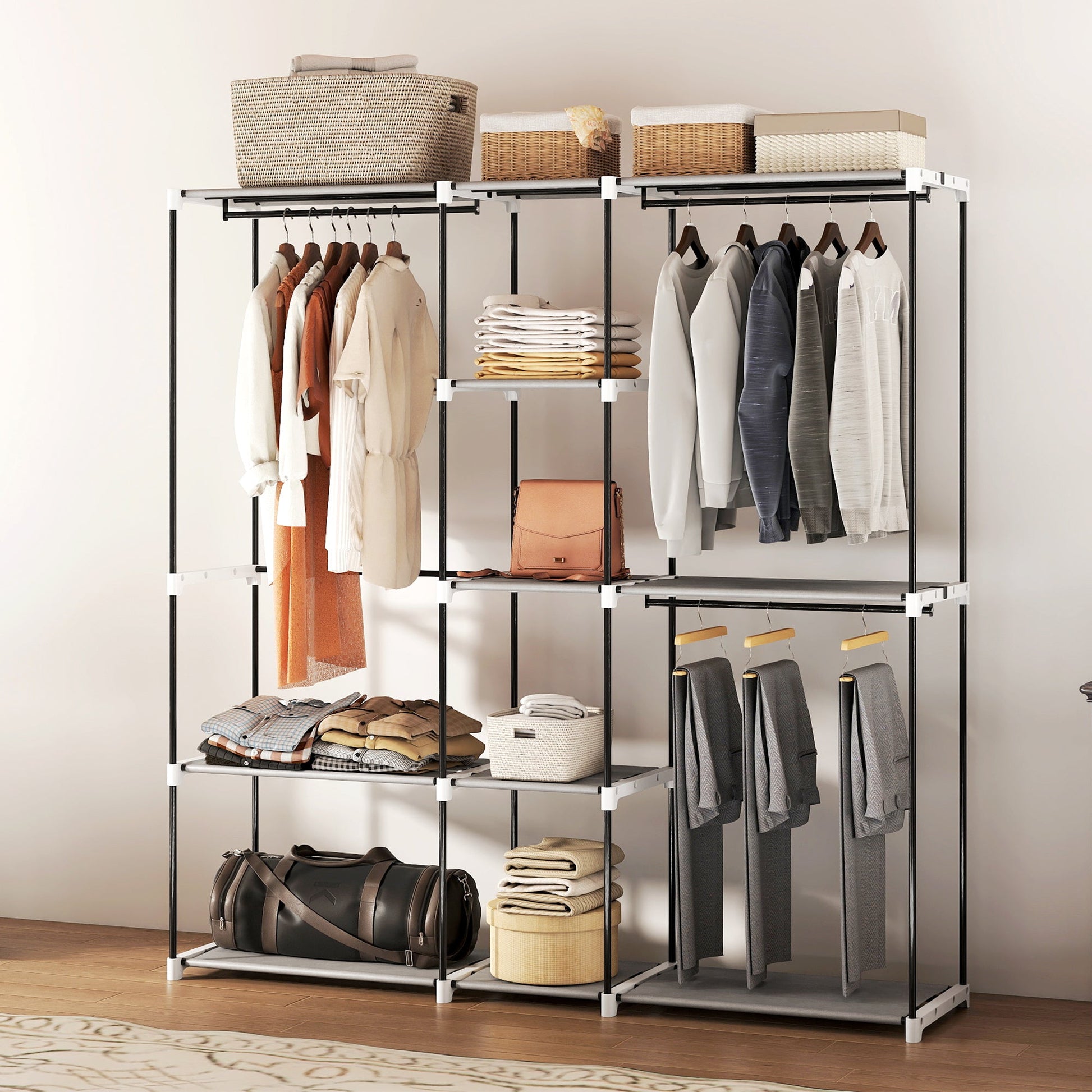 Portable Wardrobe, Open Clothes Wardrobe with 8 Shelves, 3 Hanging Rails, Freestanding Coat Rack Organiser, 182 x 43 x 185cm, Light Grey