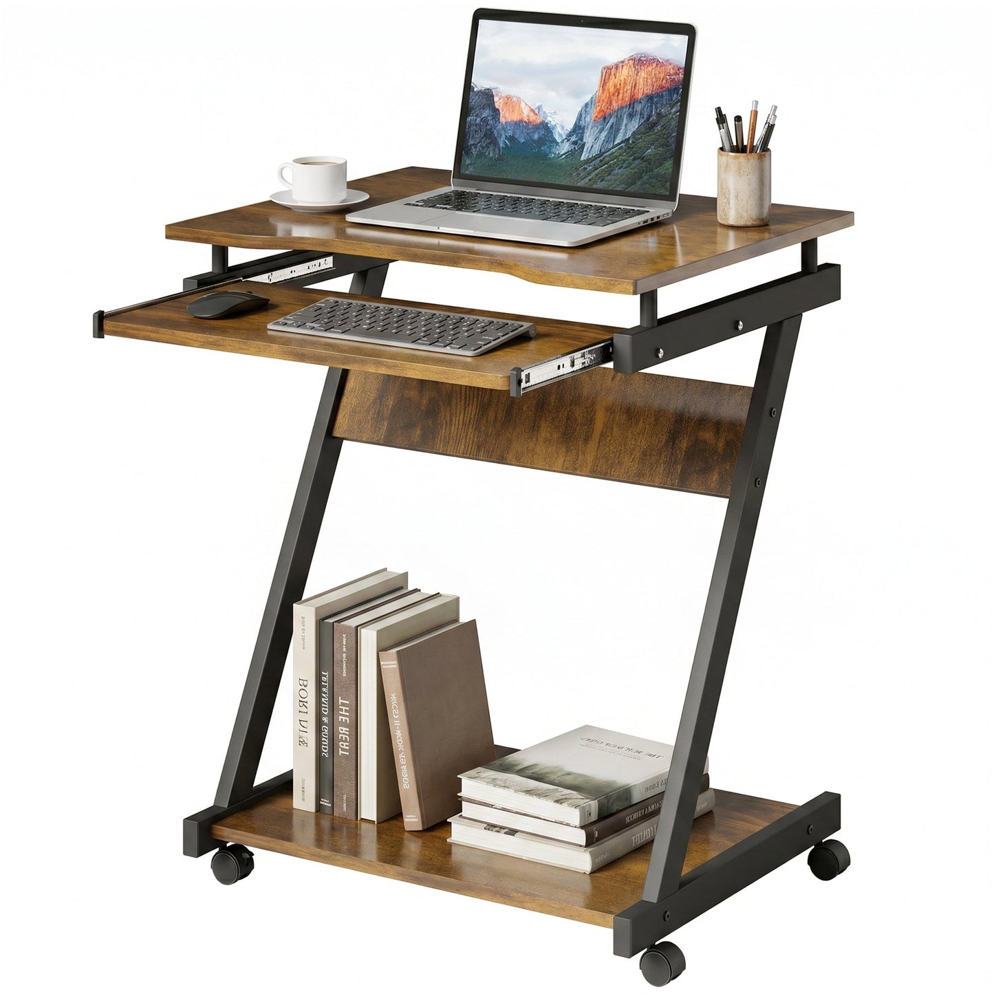 Movable Computer Desk with 4 Moving Wheels Sliding Keyboard Tray Home Office Workstation Rustic Brown
