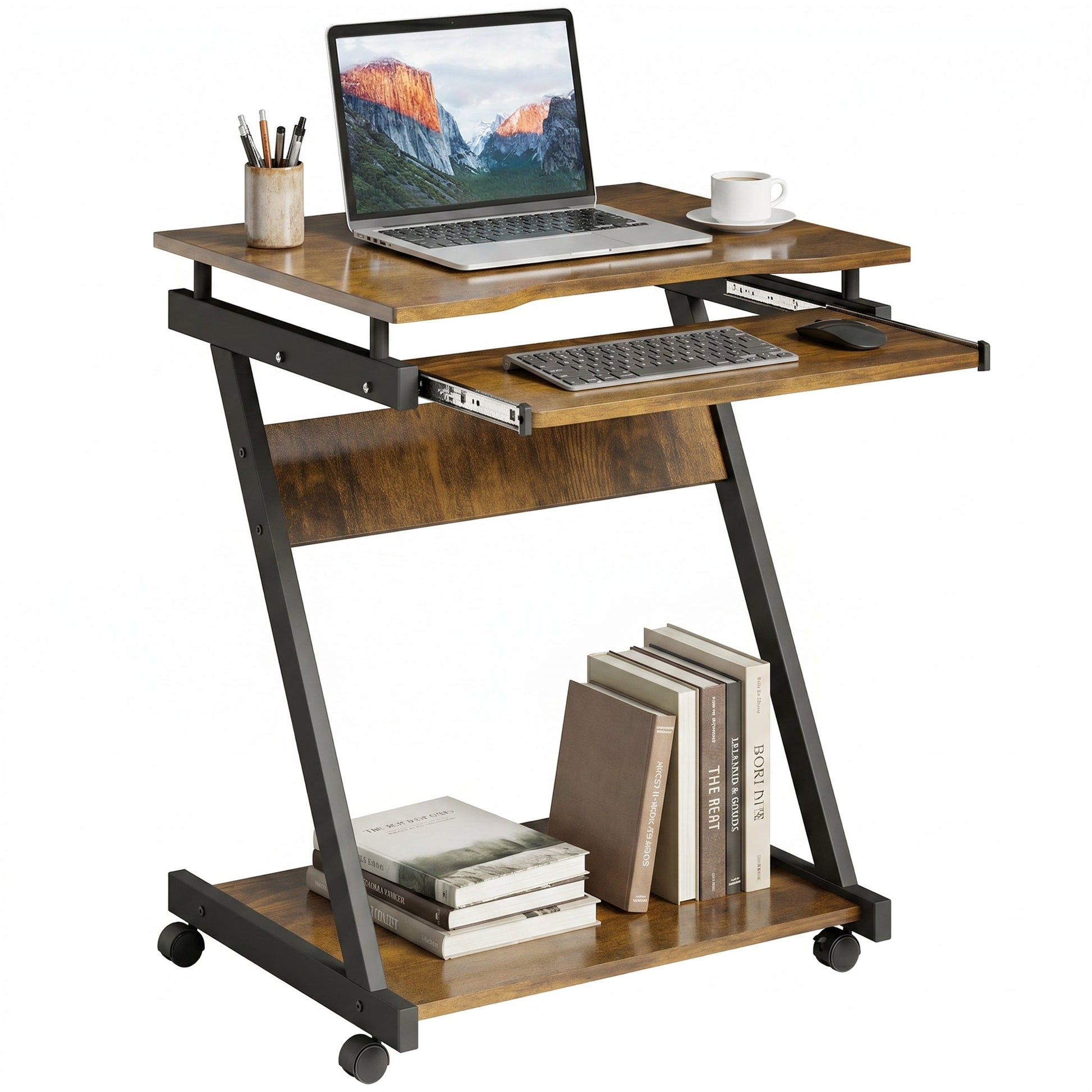 Movable Computer Desk with 4 Moving Wheels Sliding Keyboard Tray Home Office Workstation Rustic Brown