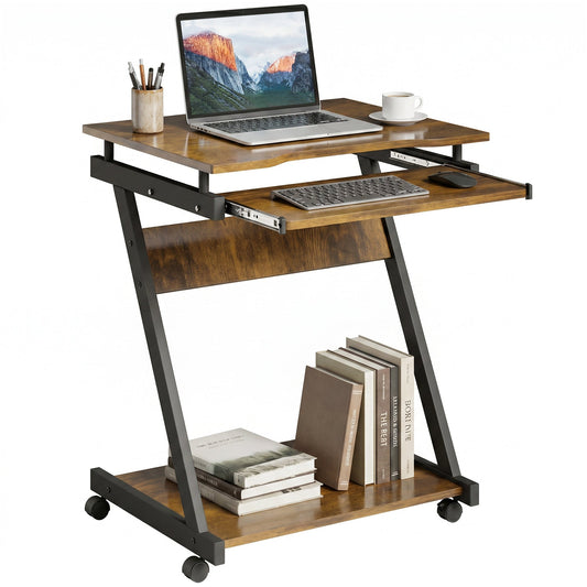 Movable Computer Desk with 4 Moving Wheels Sliding Keyboard Tray Home Office Workstation Rustic Brown