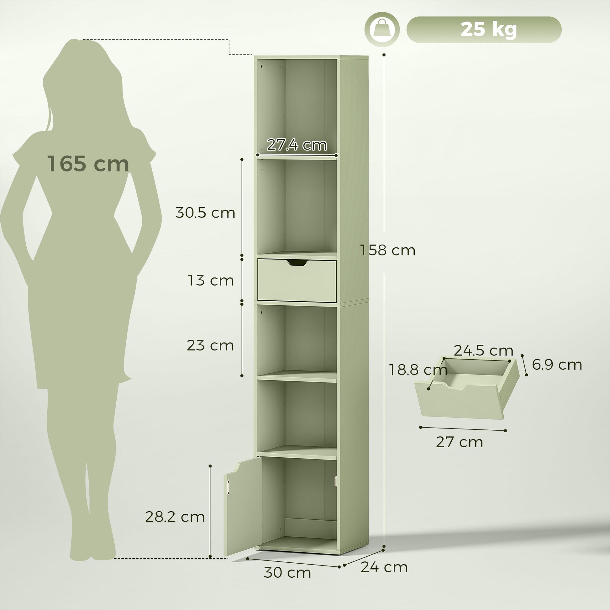 6-Tier Bookcase, Tall Narrow Bookshelf with Drawer, Door, Adjustable Shelf, Modern Display Standing Shelving Unit for Living Room, Home Office, Bedroom, 30 x 24 x 158 cm, Green