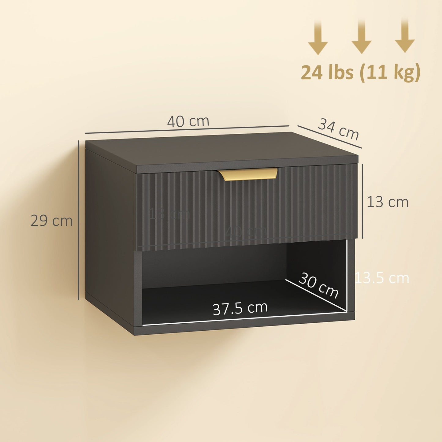 Floating Nightstands Set of 2, Modern Wall Mounted Bedside Tables with Fluted Drawer and Open Shelf for Bedroom, Black