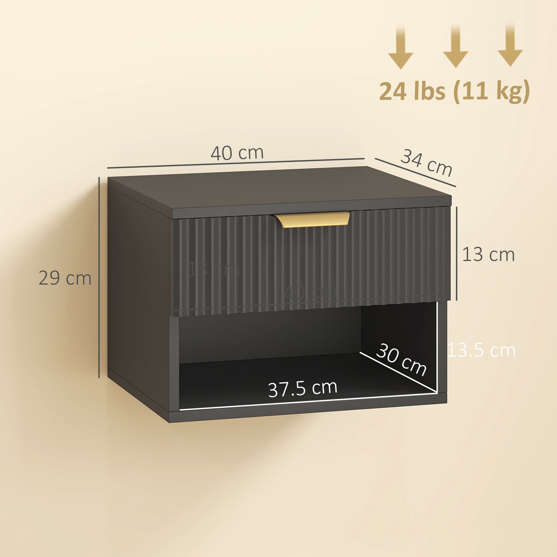Floating Nightstands Set of 2, Modern Wall Mounted Bedside Tables with Fluted Drawer and Open Shelf for Bedroom, Black