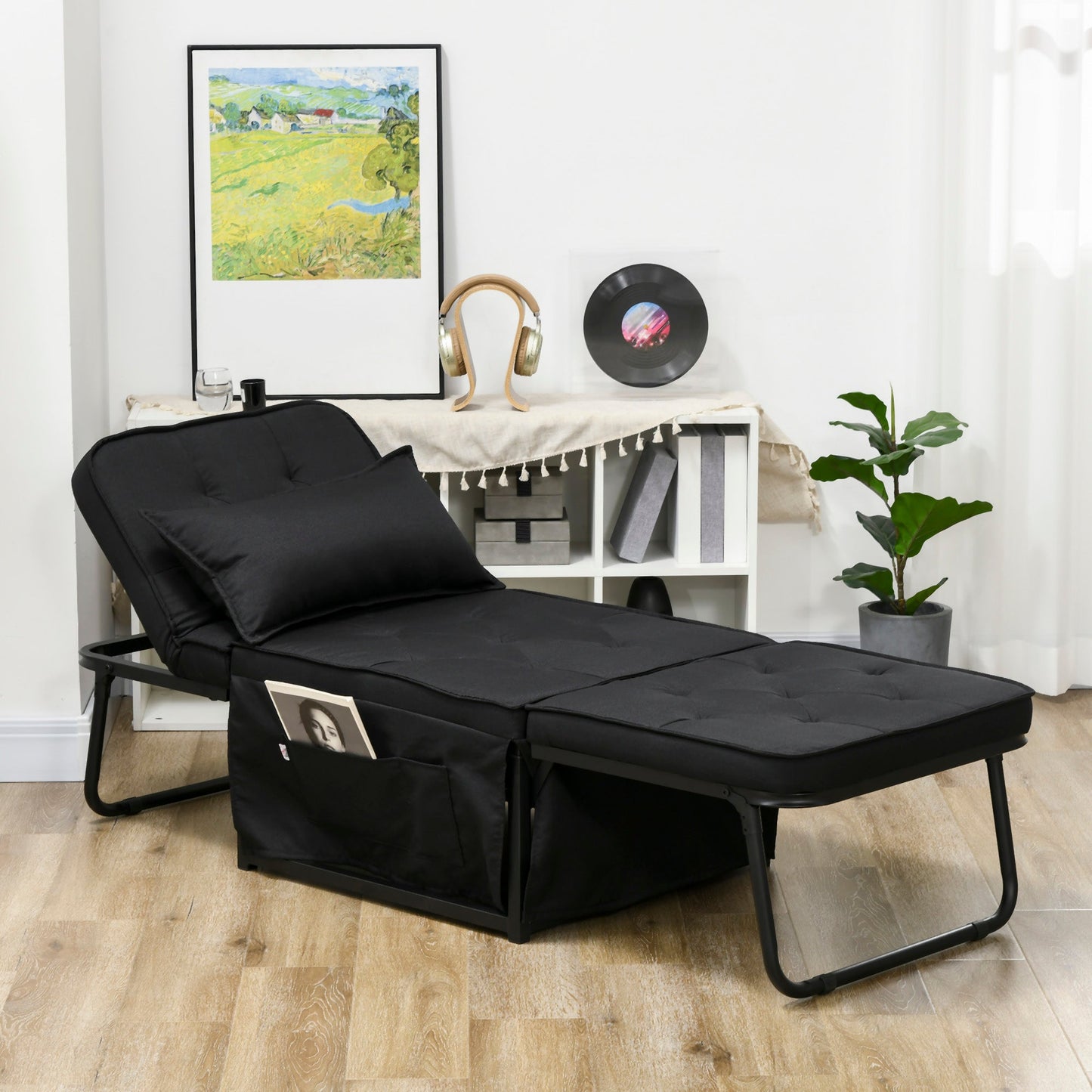 HOMCOM Folding Chair Bed, 4-in-1 Convertible Sleeper Chair with Adjustable Backrest, Pillow, Side Pockets, Armchair for Bedroom, Living Room, Black