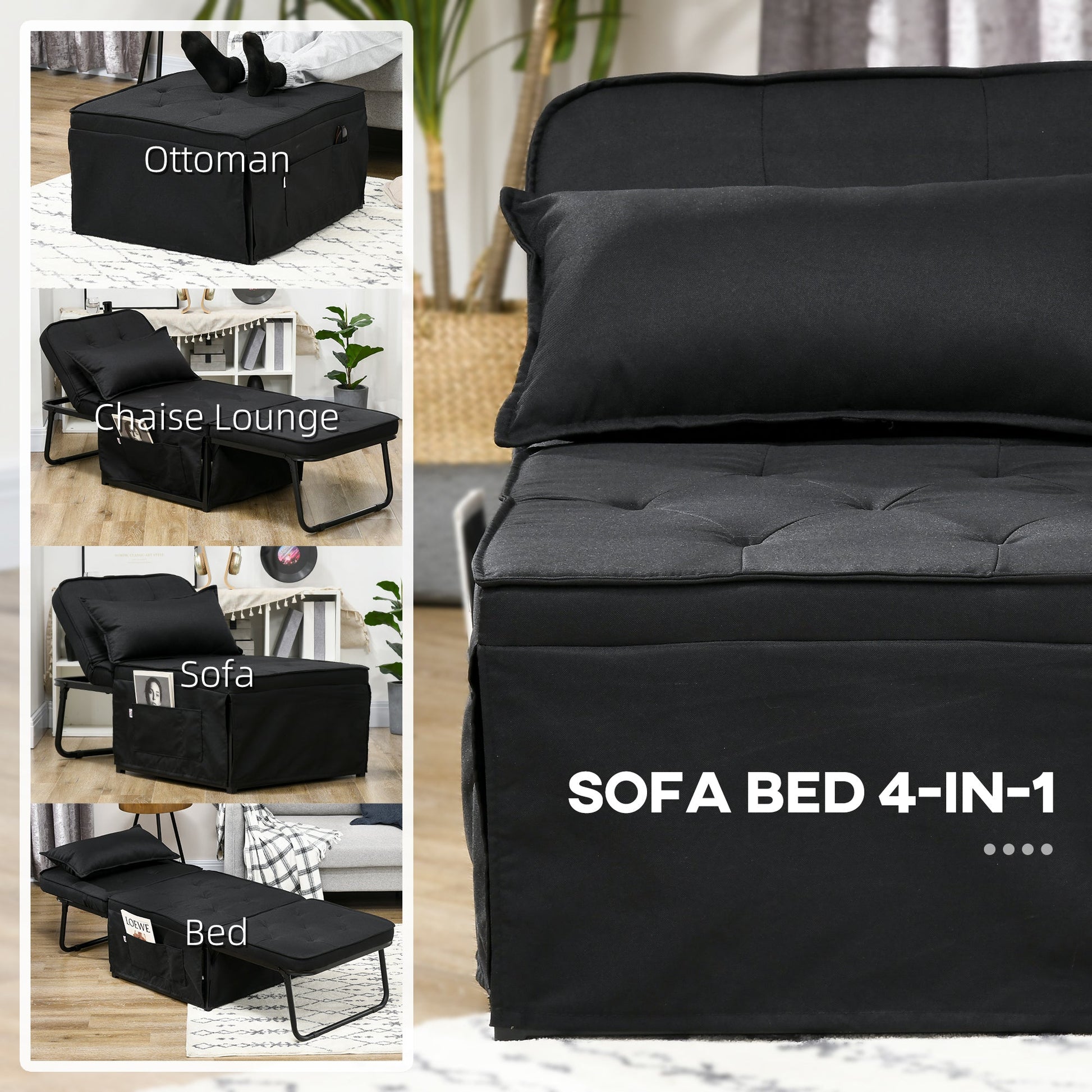 HOMCOM Folding Chair Bed, 4-in-1 Convertible Sleeper Chair with Adjustable Backrest, Pillow, Side Pockets, Armchair for Bedroom, Living Room, Black