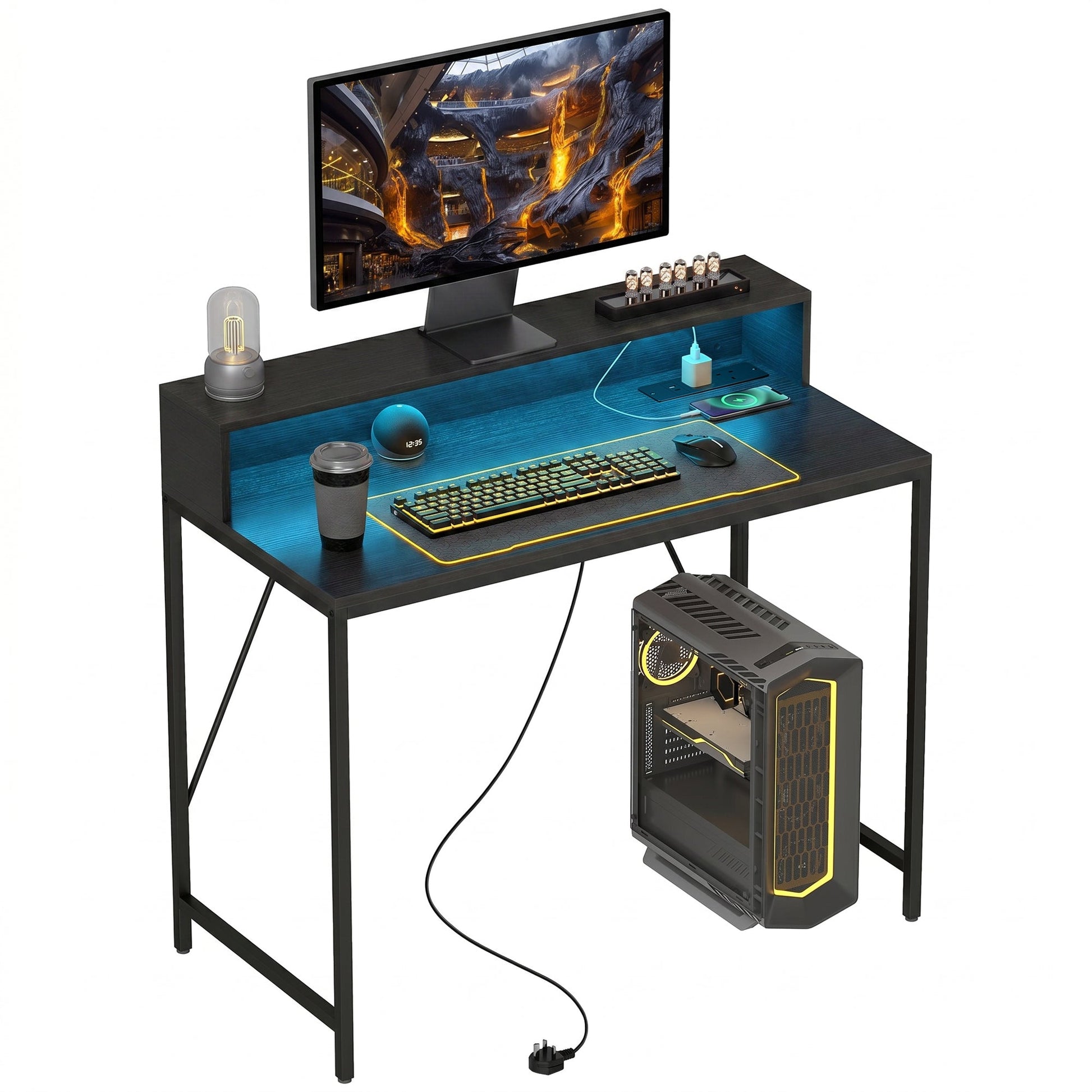 100cm Computer Desk with LED Lights and Power Outlets, Gaming Desk with Monitor Stand, Computer Table with Remote for Home Office Study, Black Wood-Effect