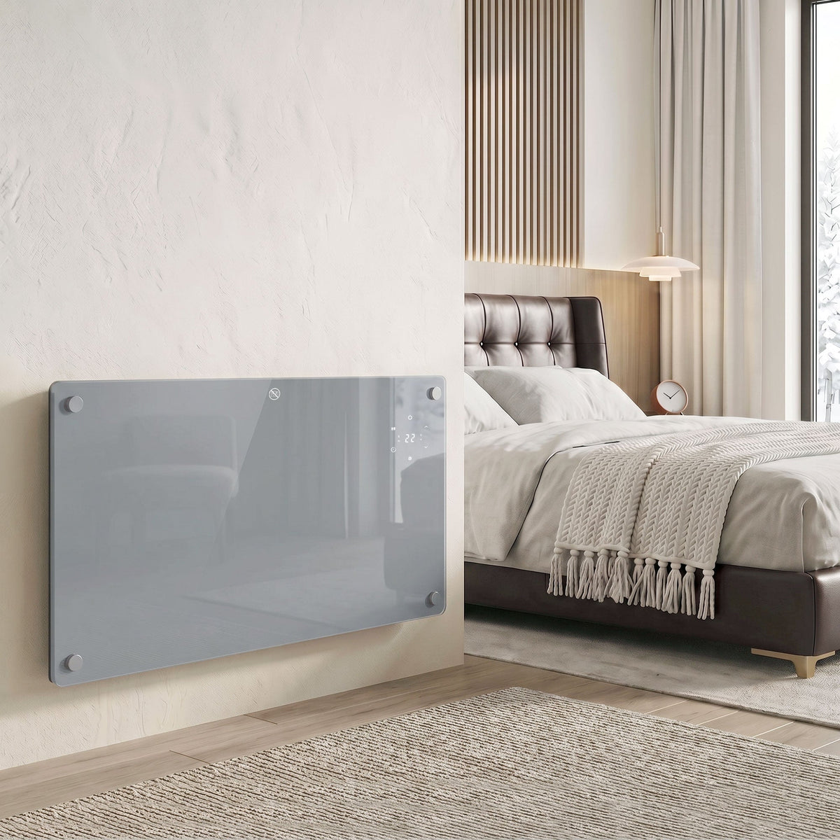 1500W Smart Glass Panel Heater Wall Mounted & Freestanding, Wifi Enabled, Works With Alexa & Google Home, Electric Heater with Weekly Timer, Open Window & Anti-Frost Mode, Thermostat, Grey
