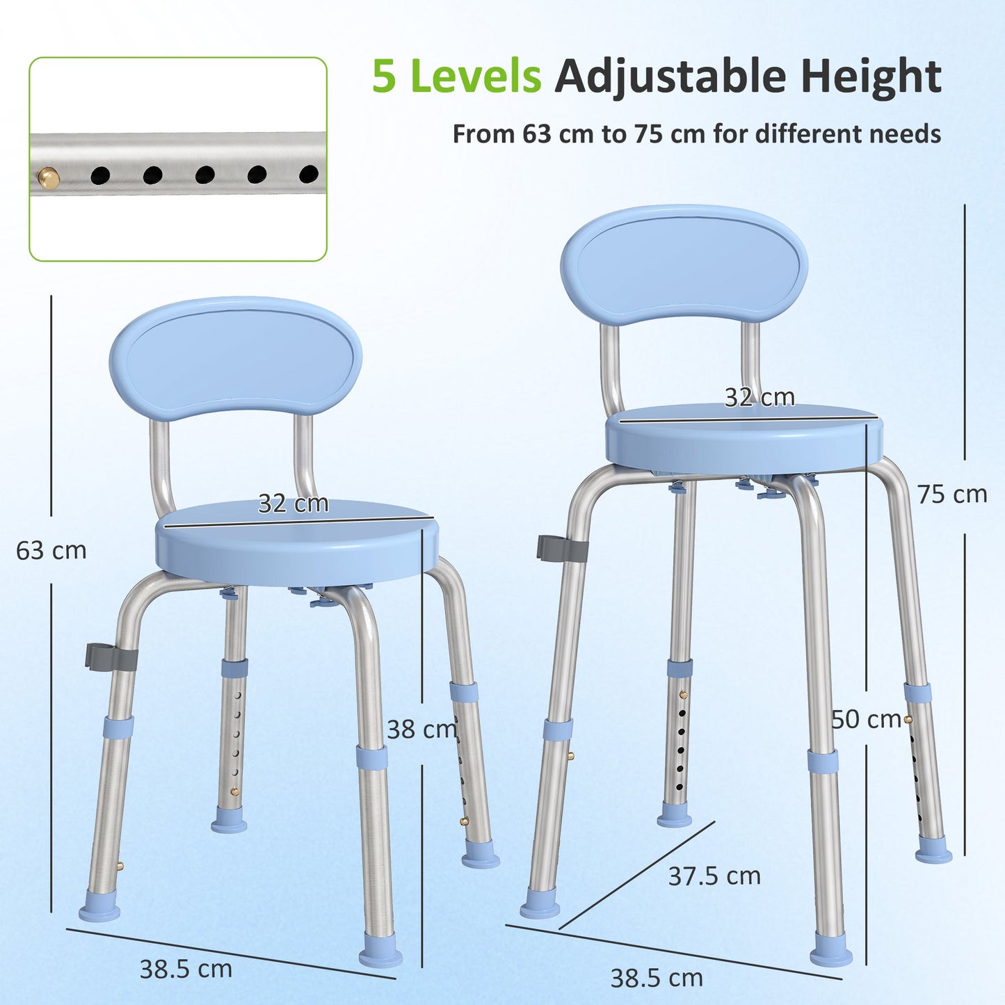360° Swivel Shower Stool, Rotating Round Bath Seat Chair with Aluminium Frame, 5-Level Adjustable Height and Backrest, Non-Slip Shower Chair for Elderly, Disabled & Post-Surgery