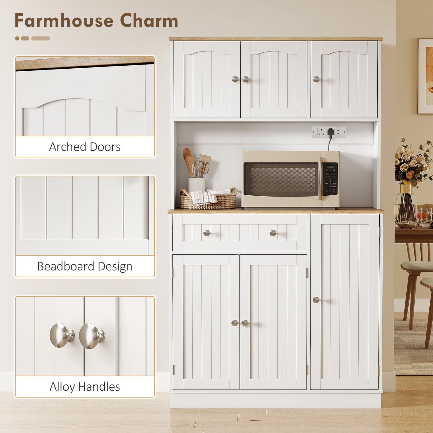 173 cm Tall Kitchen Cupboard with Charging Station, Pantry Storage Cabinet with Microwave Stand, Adjustable Shelves, 4 Door Racks, Farmhouse Kitchen Cabinet for Dining Room, White