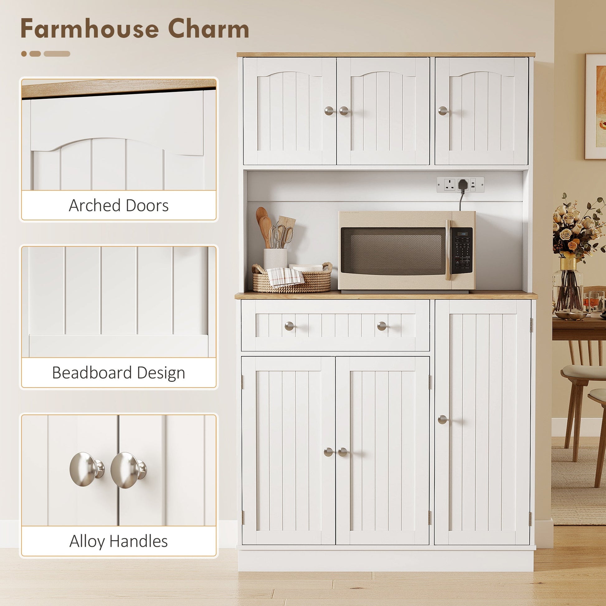 173 cm Tall Kitchen Cupboard with Charging Station, Pantry Storage Cabinet with Microwave Stand, Adjustable Shelves, 4 Door Racks, Farmhouse Kitchen Cabinet for Dining Room, White