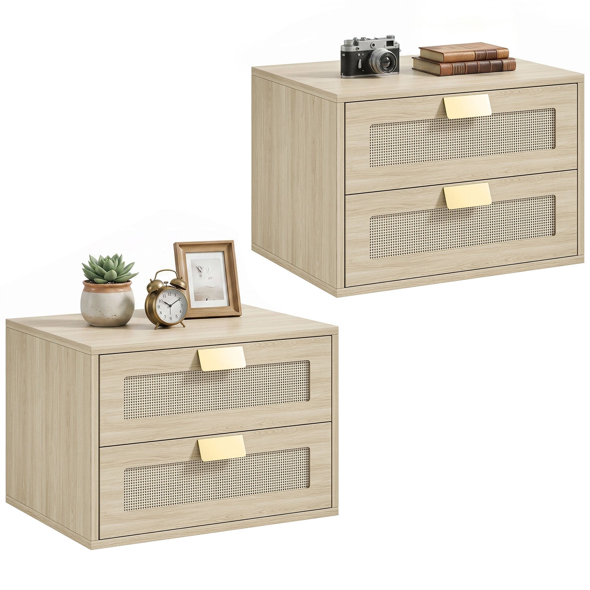 Modern Floating Nightstands Set of 2, Wall Mounted Bedside Tables with 2 Drawers, Bedside Cabinet for Bedroom Living Room, Oak
