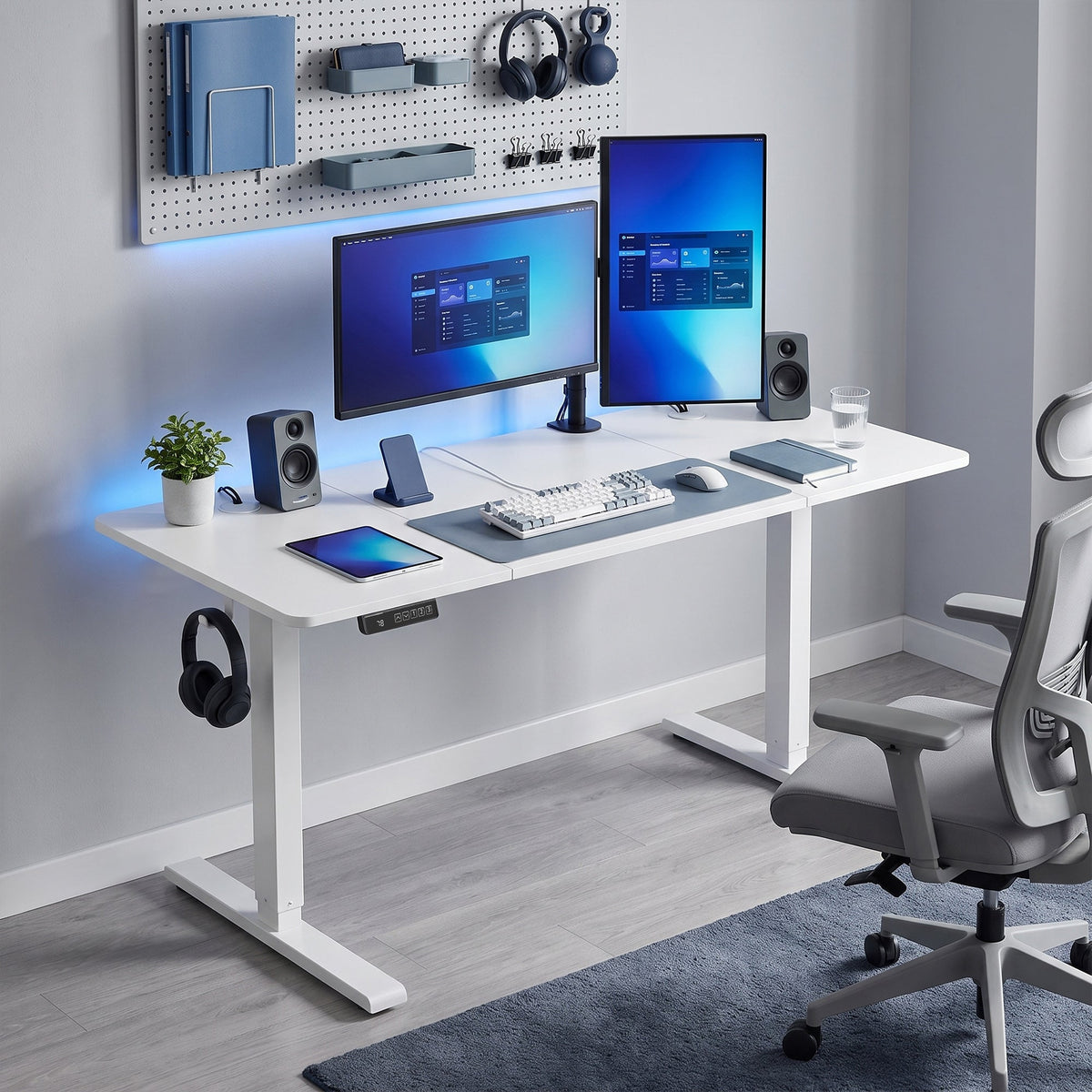 Electric Standing Desk Height Adjustable 120 x 60cm, Sit Stand Desk with 3 Memory Presets, Quiet Home Office Computer Desk with LED Display, Cable Holes & Hooks for Bedroom, Home Office, White