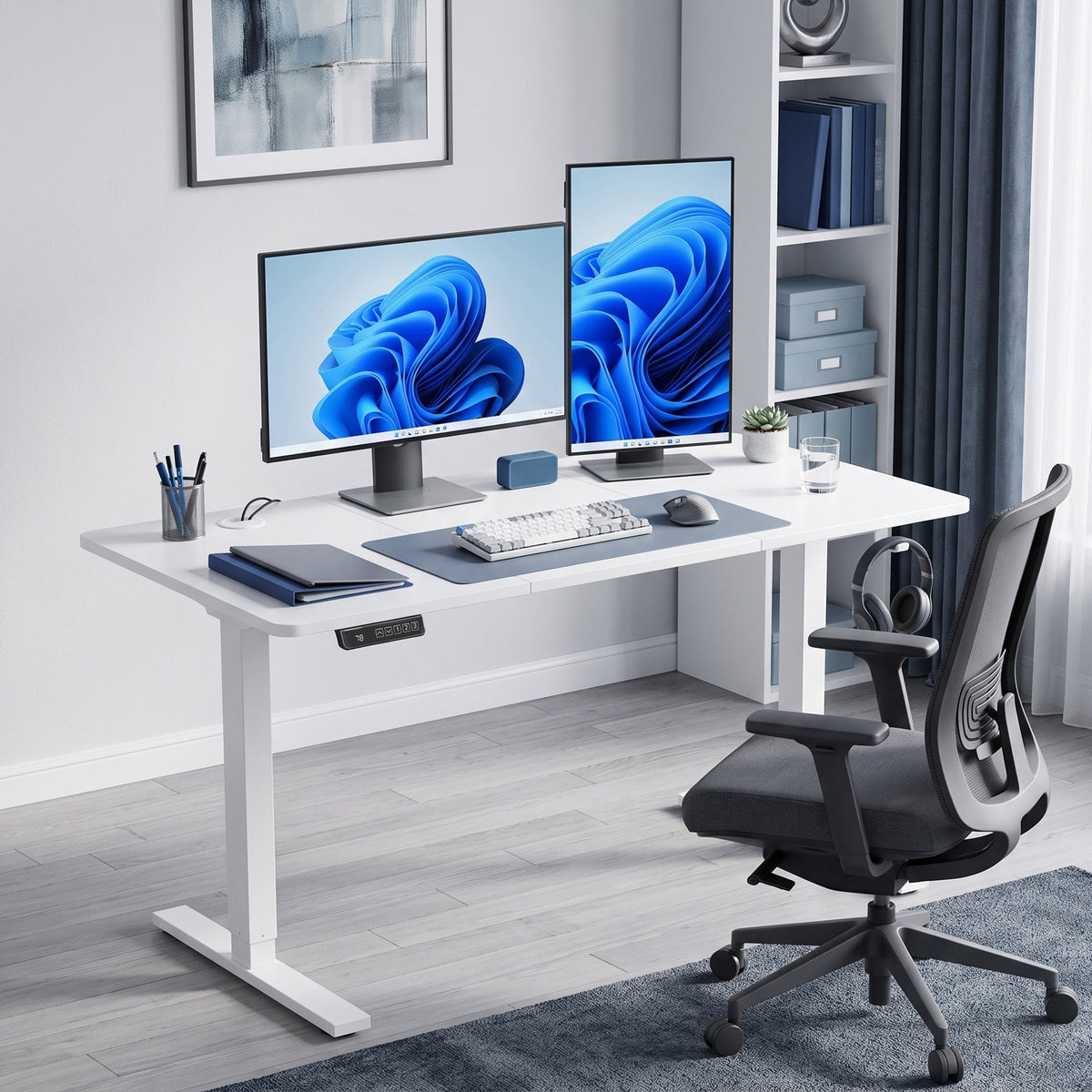 Electric Standing Desk Height Adjustable 120 x 60cm, Sit Stand Desk with 3 Memory Presets, Quiet Home Office Computer Desk with LED Display, Cable Holes & Hooks for Bedroom, Home Office, White