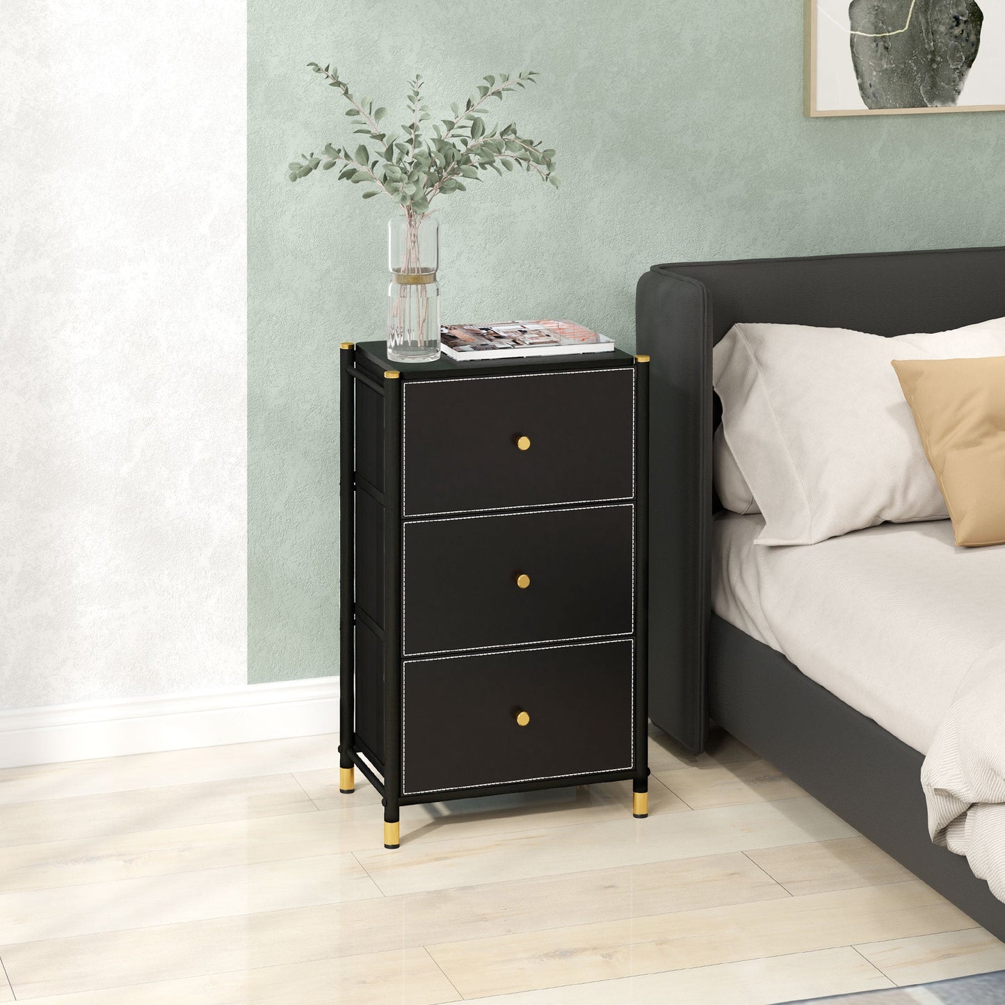HOMCOM Chest of Drawers, 3 Drawer Fabric Dresser with PU Leather Surface, Steel Frame, Storage Organizer Unit for Bedroom, Living Room, Hallway, Closet, Easy to Assemble, Black