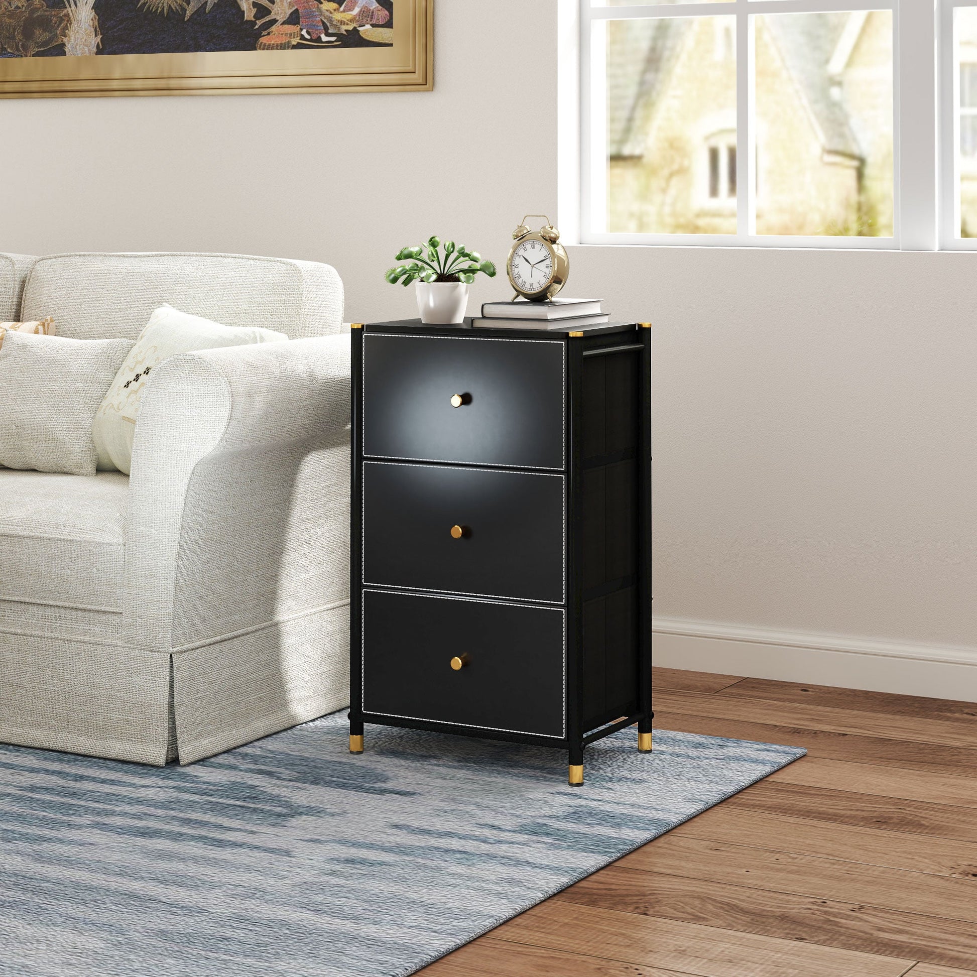 HOMCOM Chest of Drawers, 3 Drawer Fabric Dresser with PU Leather Surface, Steel Frame, Storage Organizer Unit for Bedroom, Living Room, Hallway, Closet, Easy to Assemble, Black