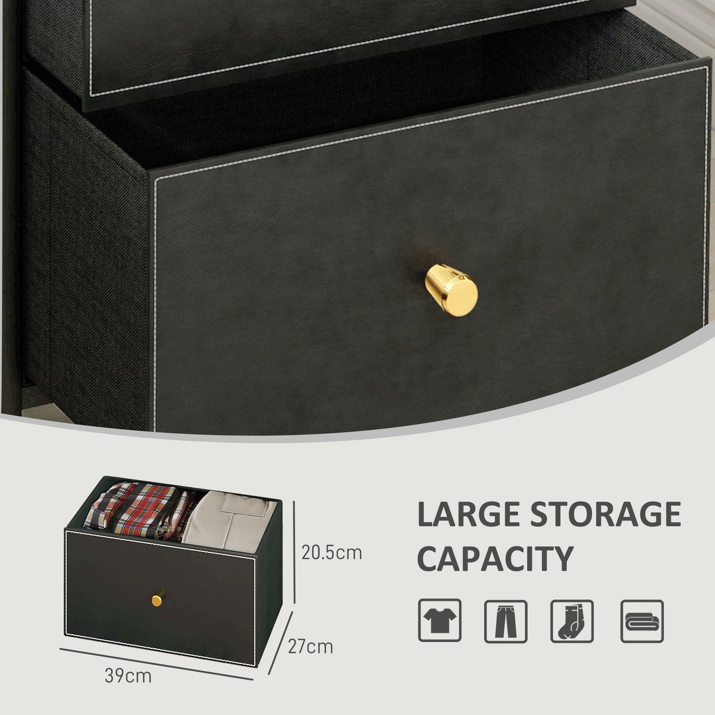 HOMCOM Chest of Drawers, 3 Drawer Fabric Dresser with PU Leather Surface, Steel Frame, Storage Organizer Unit for Bedroom, Living Room, Hallway, Closet, Easy to Assemble, Black