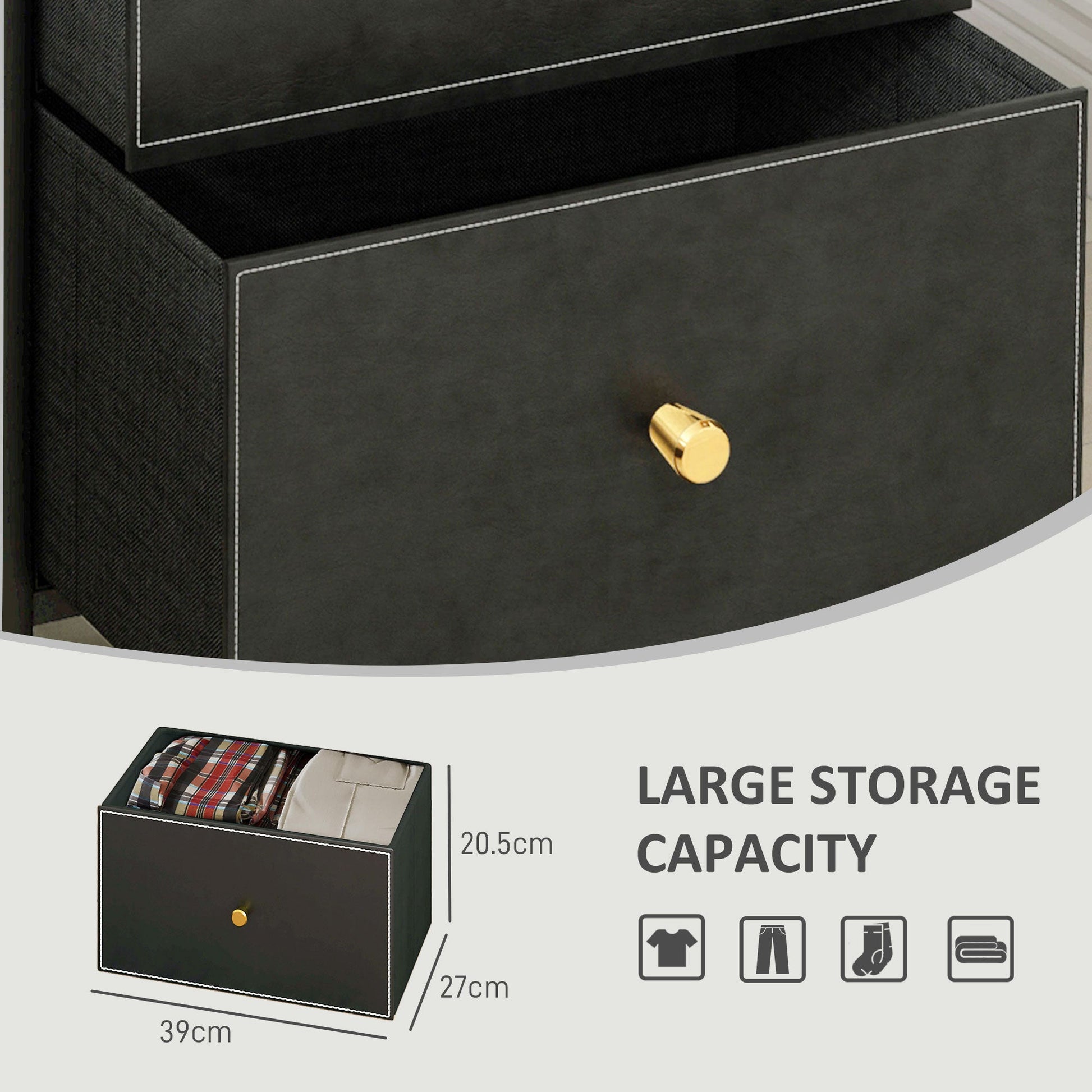 HOMCOM Chest of Drawers, 3 Drawer Fabric Dresser with PU Leather Surface, Steel Frame, Storage Organizer Unit for Bedroom, Living Room, Hallway, Closet, Easy to Assemble, Black