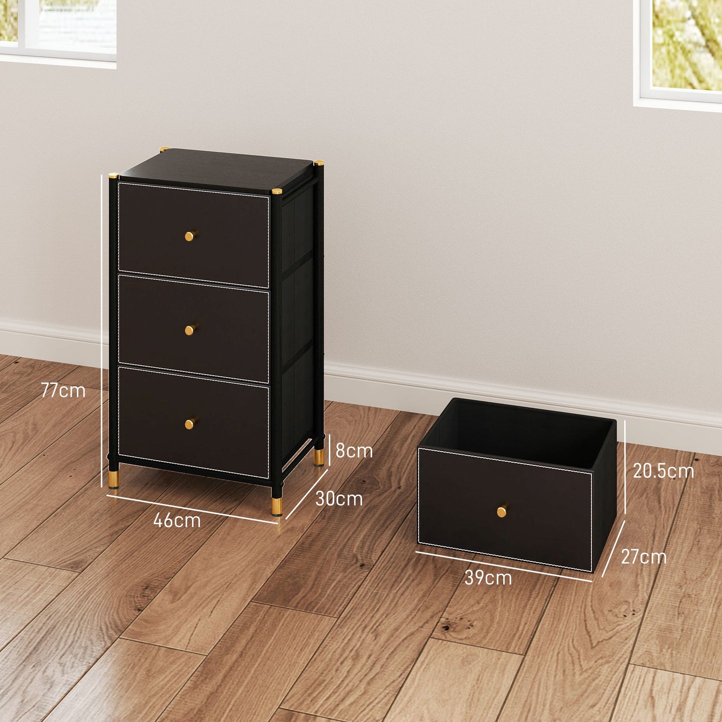 HOMCOM Chest of Drawers, 3 Drawer Fabric Dresser with PU Leather Surface, Steel Frame, Storage Organizer Unit for Bedroom, Living Room, Hallway, Closet, Easy to Assemble, Black