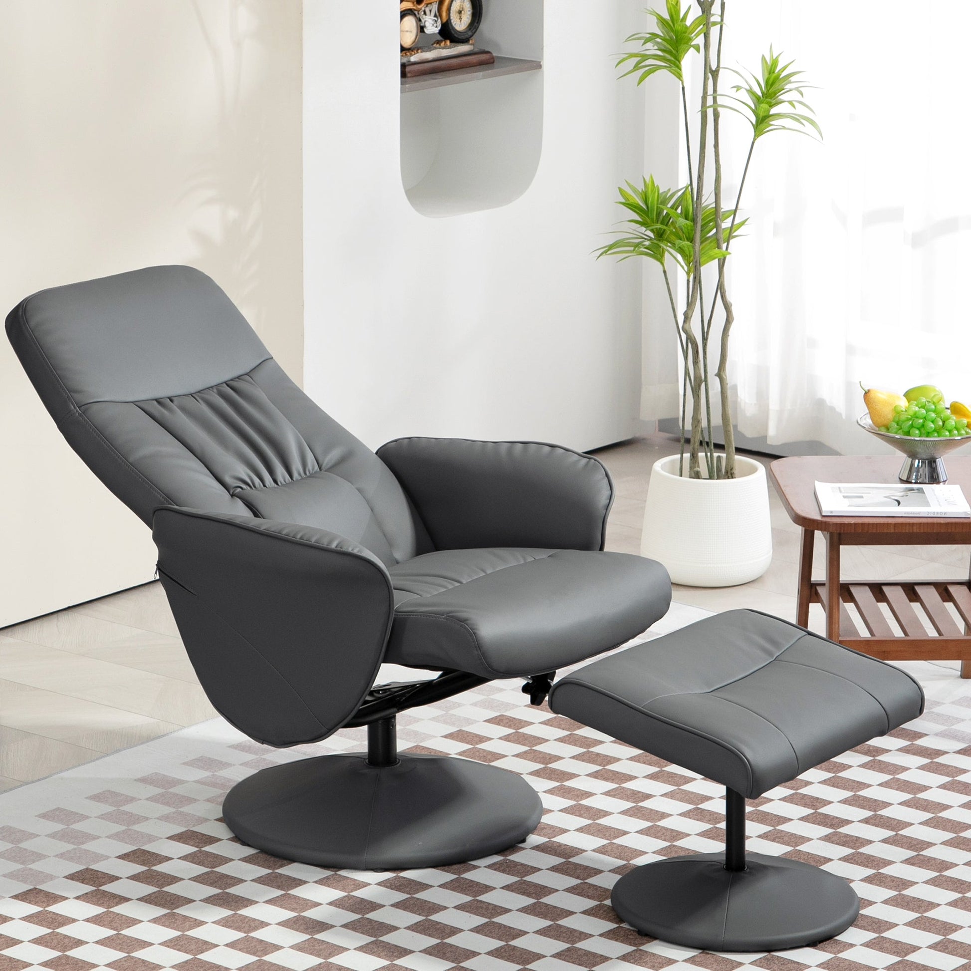 HOMCOM Swivel Recliner Chair with Footstool, PU Leather Armchair and Ottoman with High Back and Round Base for Living Room, Grey
