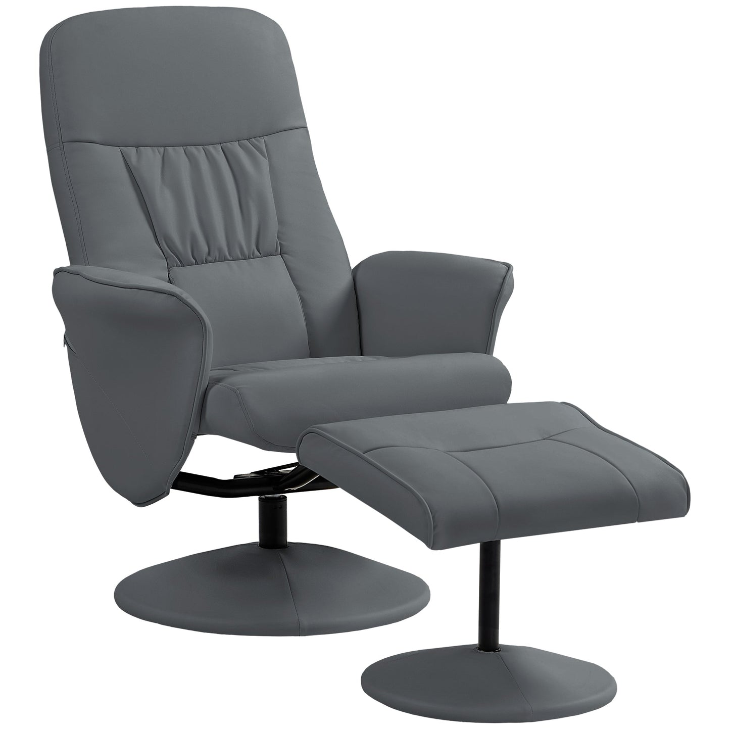 HOMCOM Swivel Recliner Chair with Footstool, PU Leather Armchair and Ottoman with High Back and Round Base for Living Room, Grey
