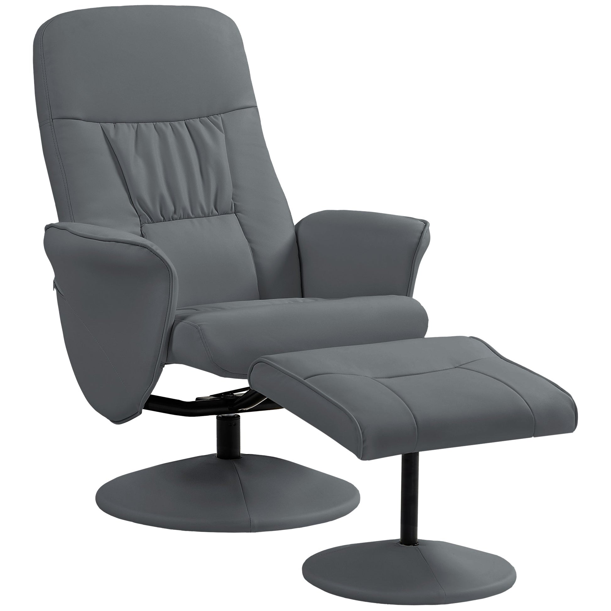HOMCOM Swivel Recliner Chair with Footstool, PU Leather Armchair and Ottoman with High Back and Round Base for Living Room, Grey