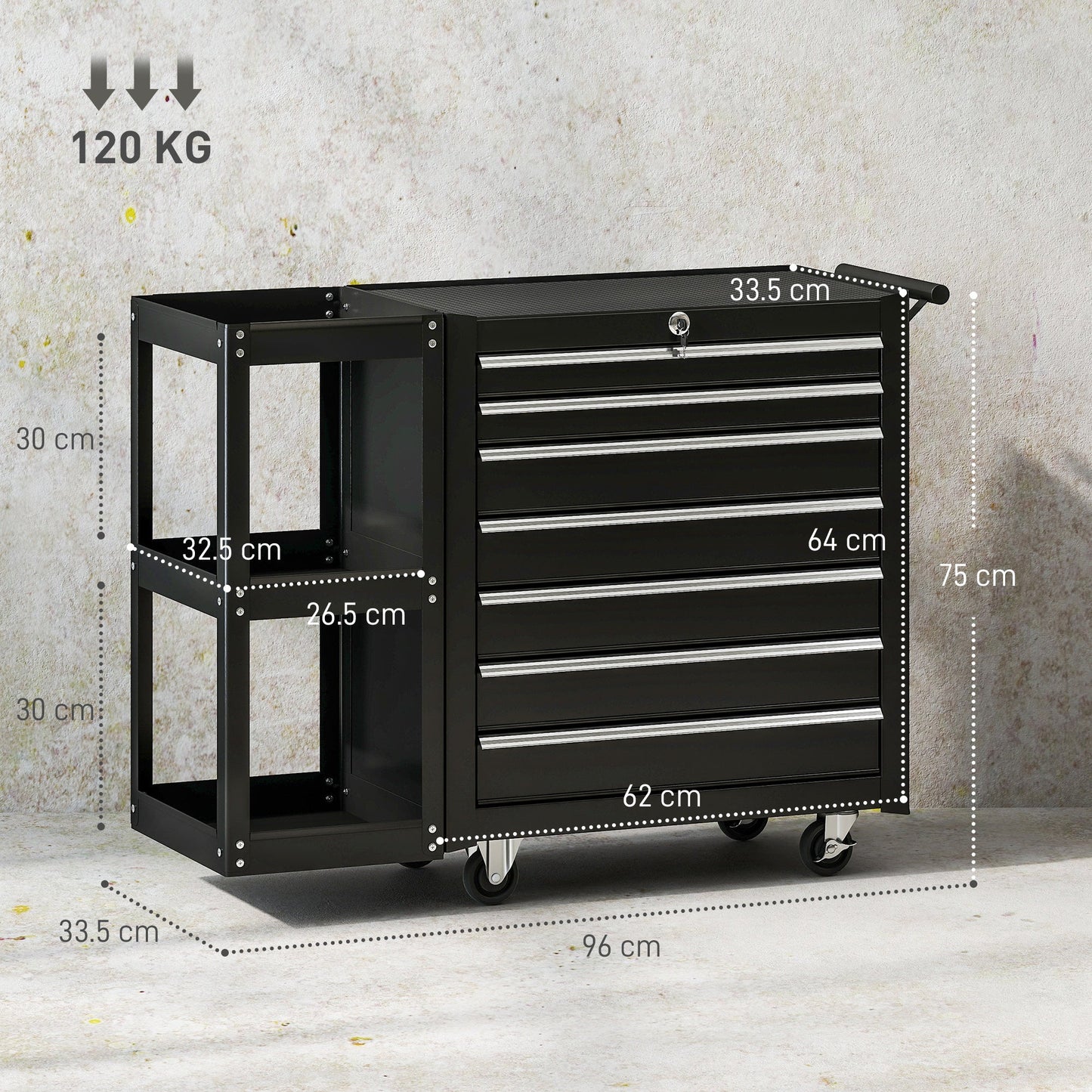 7 Drawer Tool Box, Lockable Steel Tool Chest on Wheels, Rolling Tool Cabinet with 7 Drawers and Handle for Workshop, Garage, Black