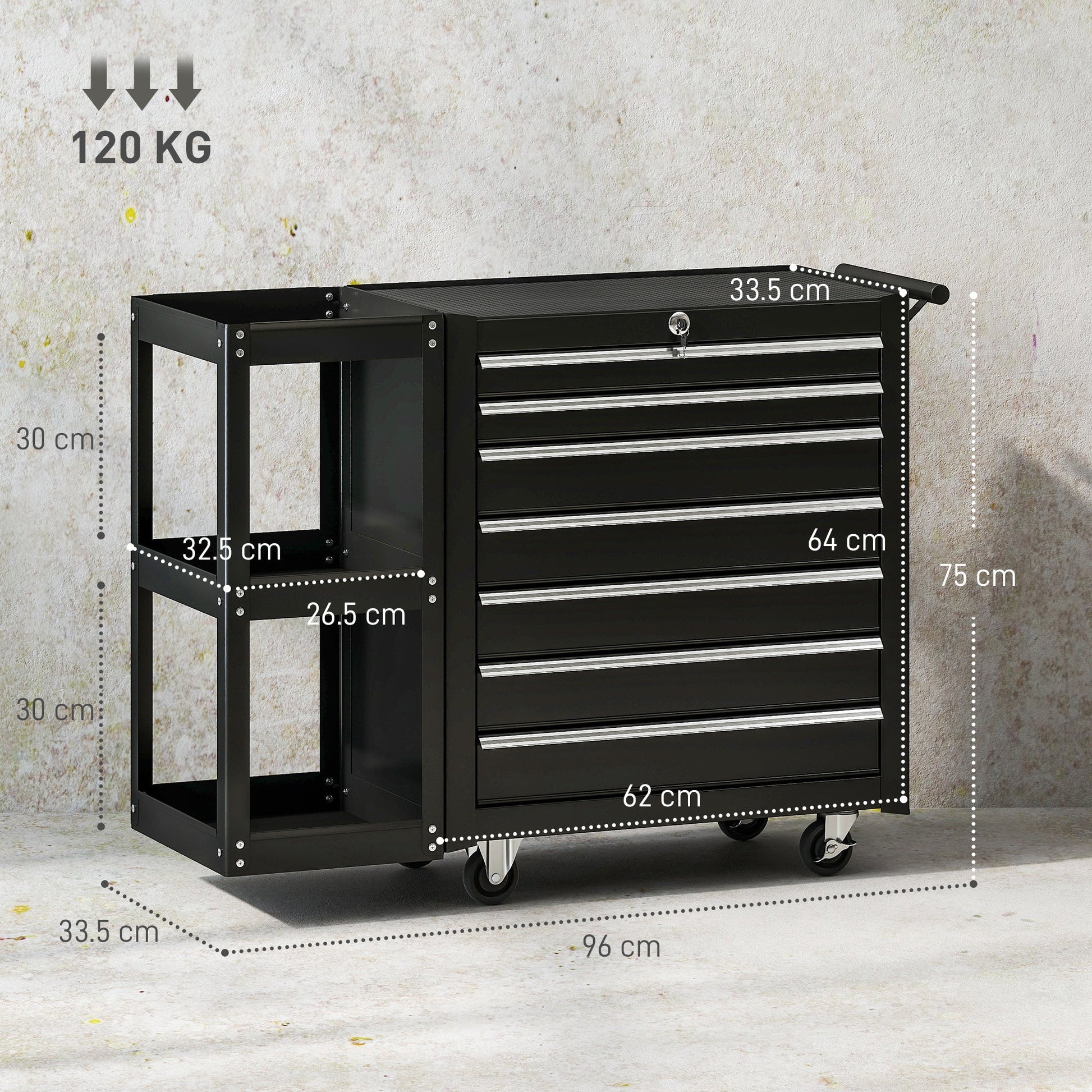 7 Drawer Tool Box, Lockable Steel Tool Chest on Wheels, Rolling Tool Cabinet with 7 Drawers and Handle for Workshop, Garage, Black
