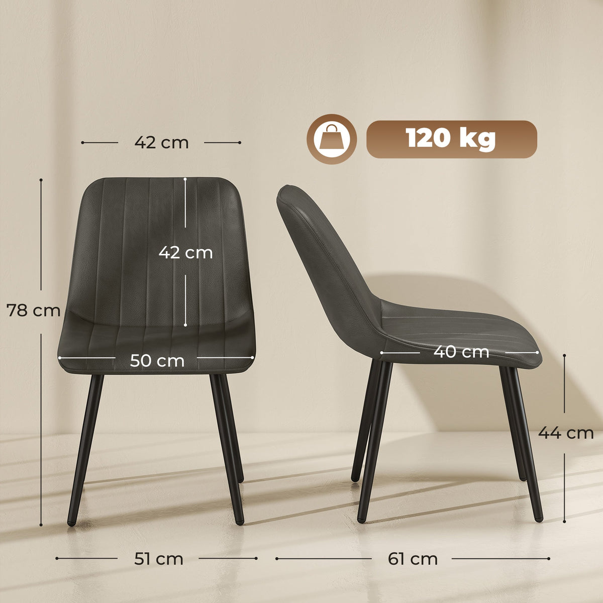 Modern Dining Chairs Set of 2, Curved Faux Leather Upholstered Kitchen Chairs with Metal Legs for Dining Room, Kitchen, Living Room, Grey