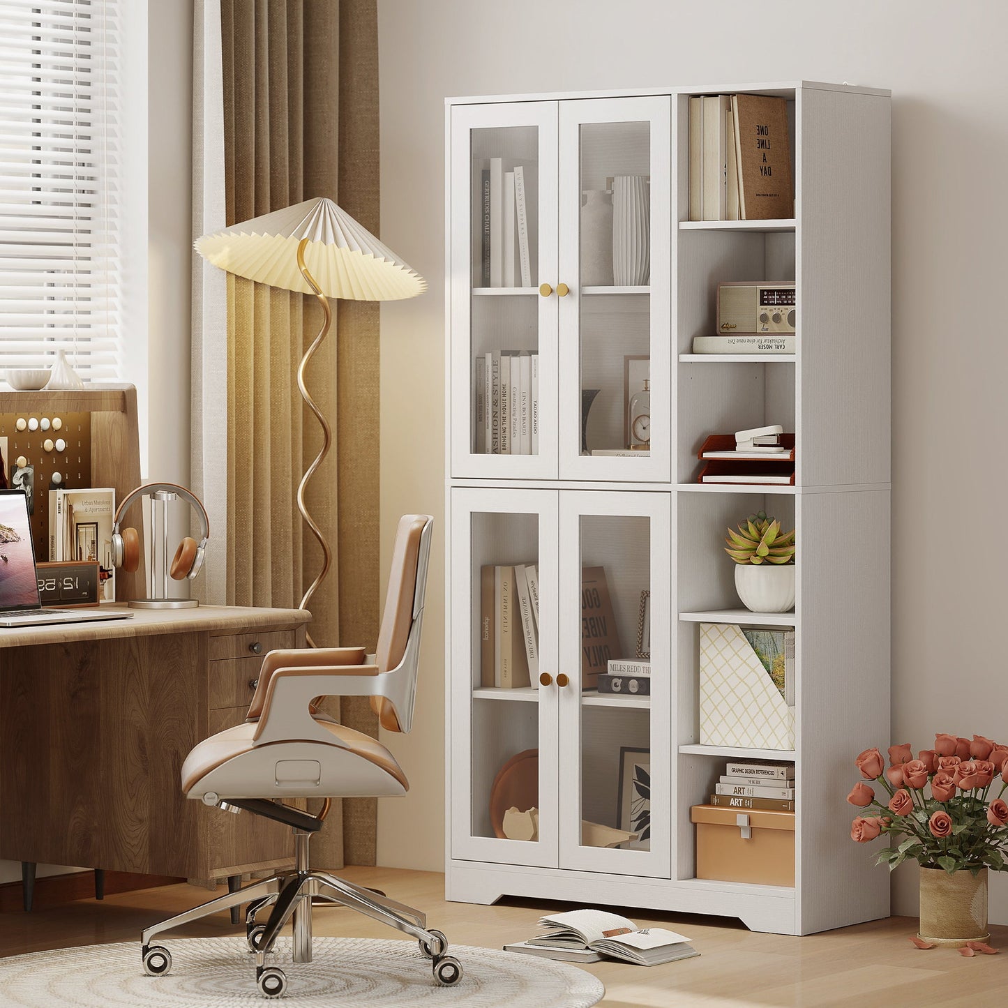 172 cm Tall Kitchen Cupboard, Pantry Storage Cabinet with Tempered Glass Doors and Soft-Close Hinges, Freestanding Kitchen Cabinet with Adjustable Shelves and 6 Open Shelves, White