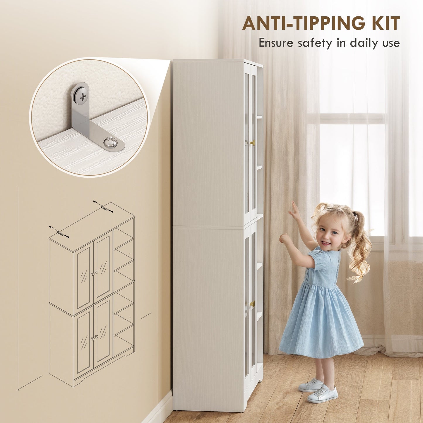172 cm Tall Kitchen Cupboard, Pantry Storage Cabinet with Tempered Glass Doors and Soft-Close Hinges, Freestanding Kitchen Cabinet with Adjustable Shelves and 6 Open Shelves, White