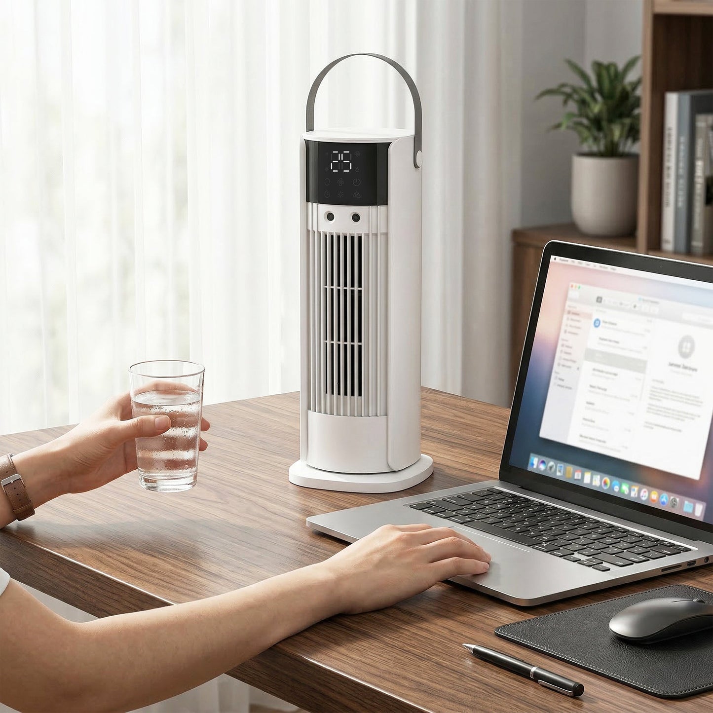 Tower Fan for Bedroom, 16 Inch Mist Desktop Fan with RGB Lights, 3 Speeds, 90° Oscillation, 10H Timer, for Home Office, White