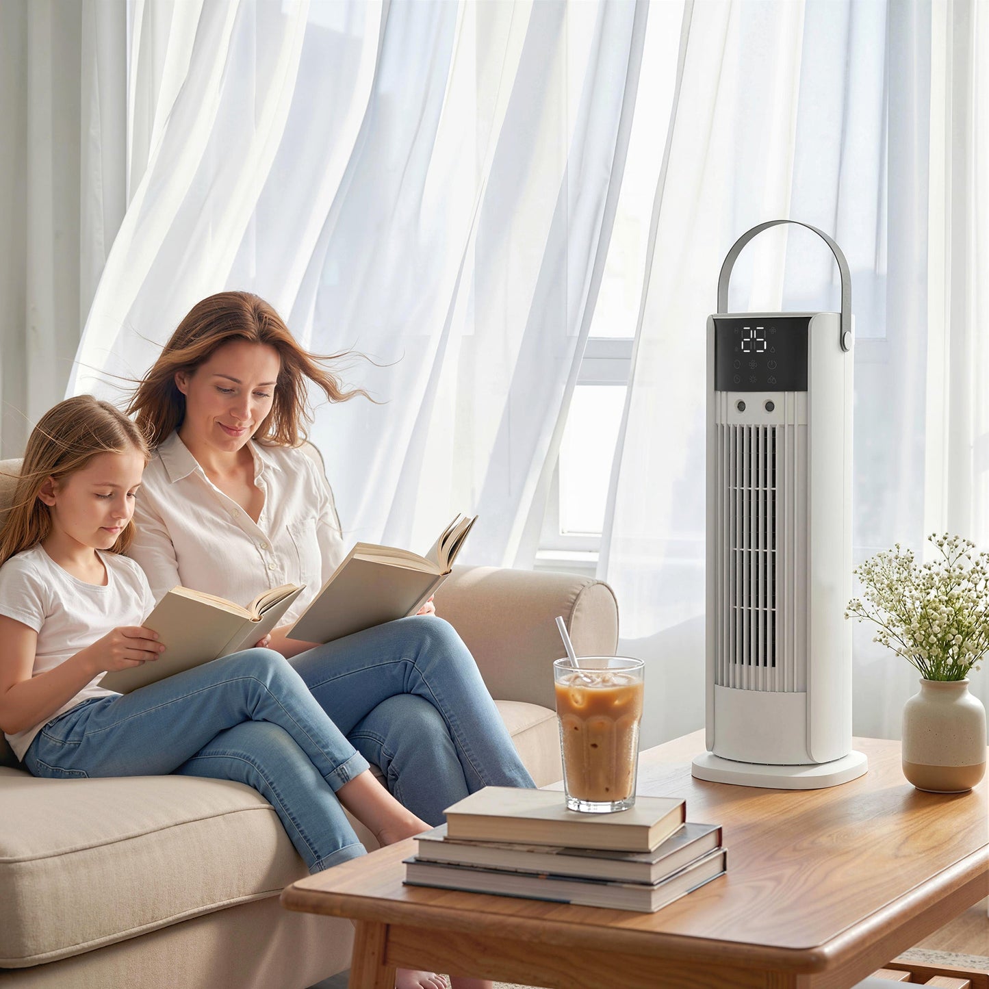 Tower Fan for Bedroom, 16 Inch Mist Desktop Fan with RGB Lights, 3 Speeds, 90° Oscillation, 10H Timer, for Home Office, White