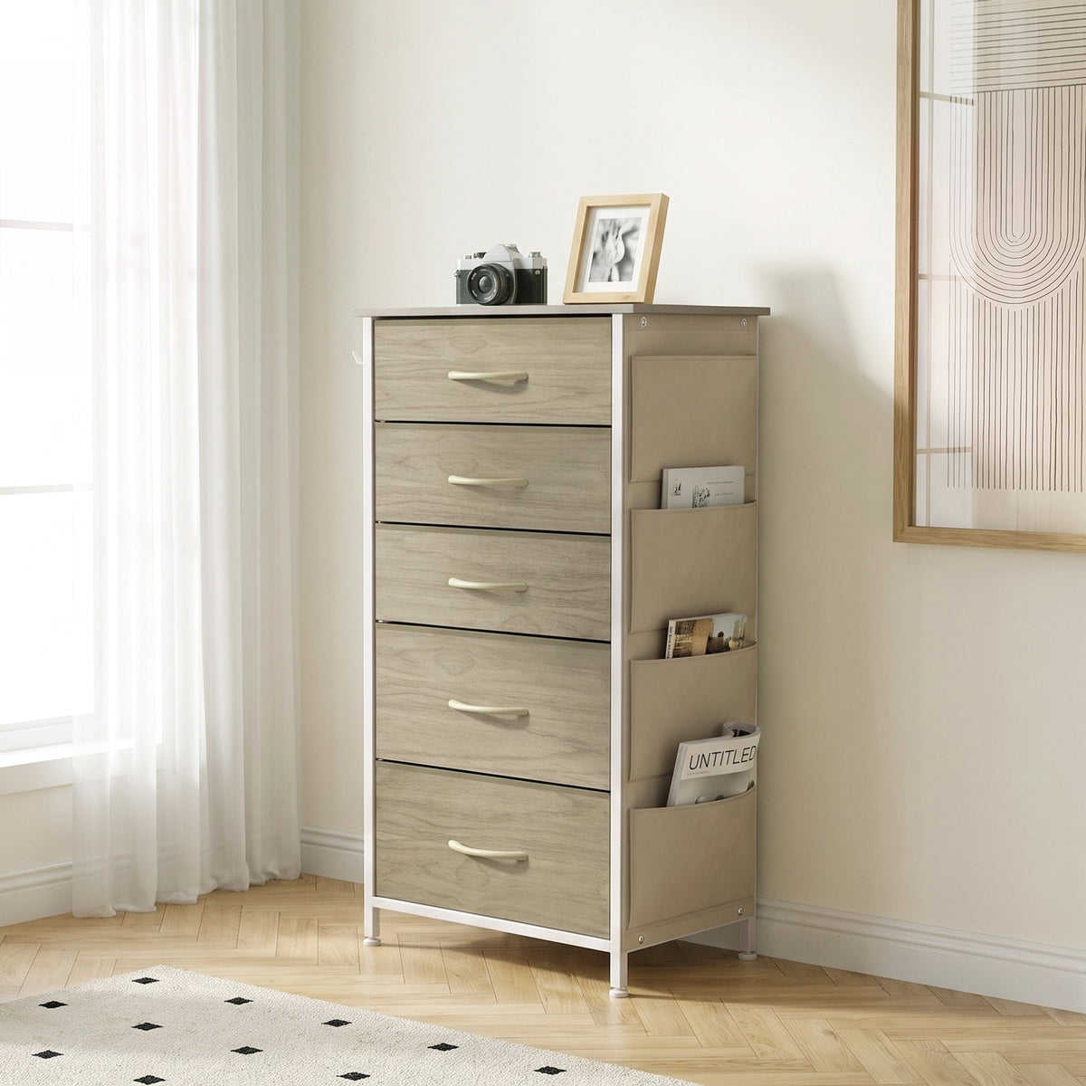Chest of Drawers, Dresser for Bedroom with 5 Fabric Drawers, Tall Storage Unit with 4 Pockets, 2 Hooks and Steel Frame for Living Room, Hallway, Natural Wood Finish