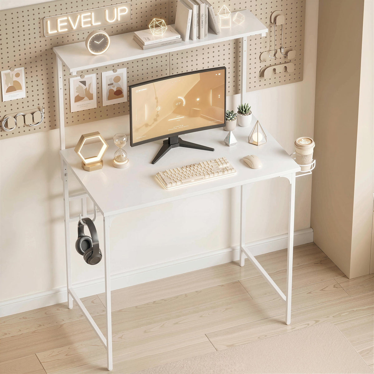 Computer Desk, 80cm Home Office Study Table with Hutch Shelf, Cup Holder, Headphone Hook, Metal Frame, Space Saving Writing Desk, White