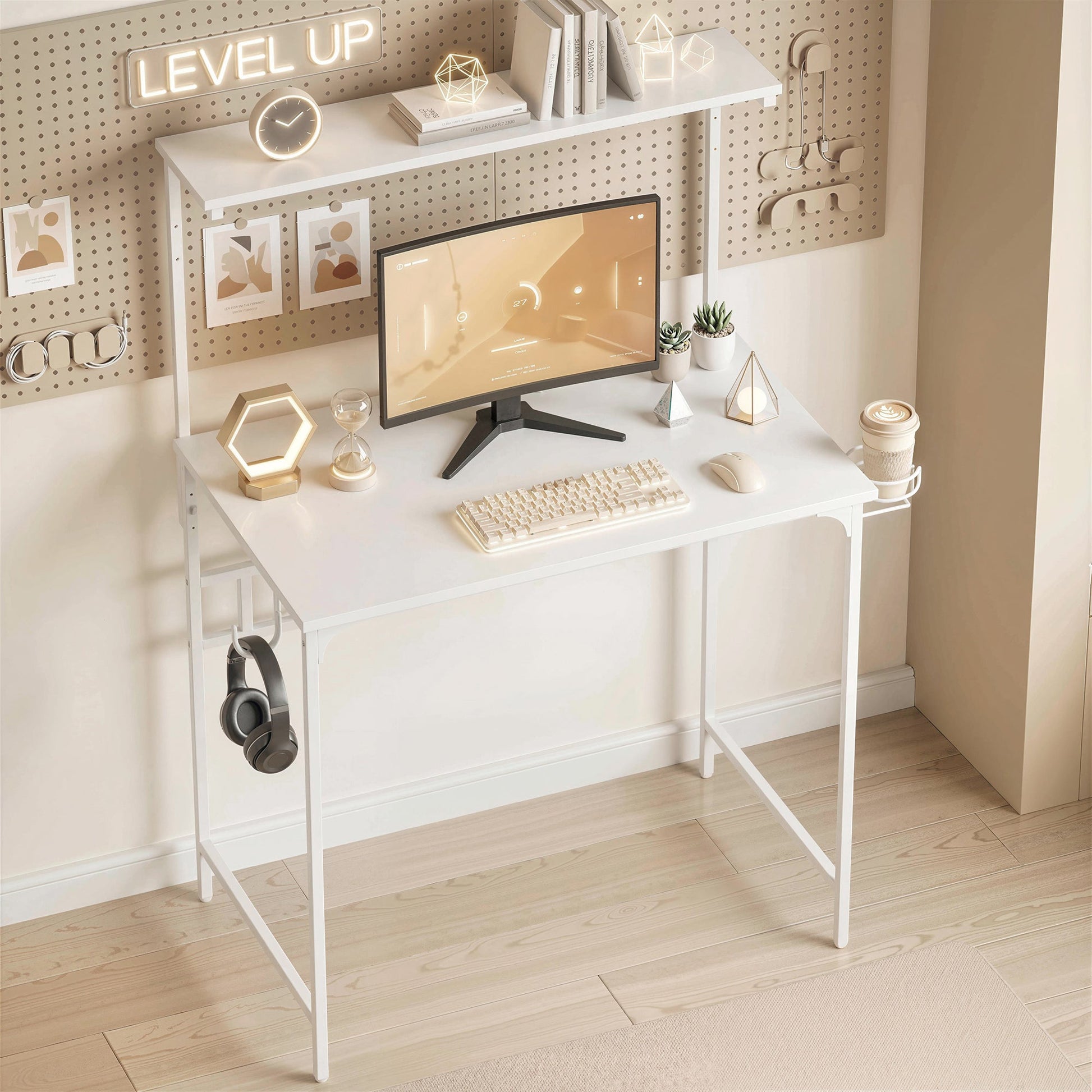 Computer Desk, 80cm Home Office Study Table with Hutch Shelf, Cup Holder, Headphone Hook, Metal Frame, Space Saving Writing Desk, White