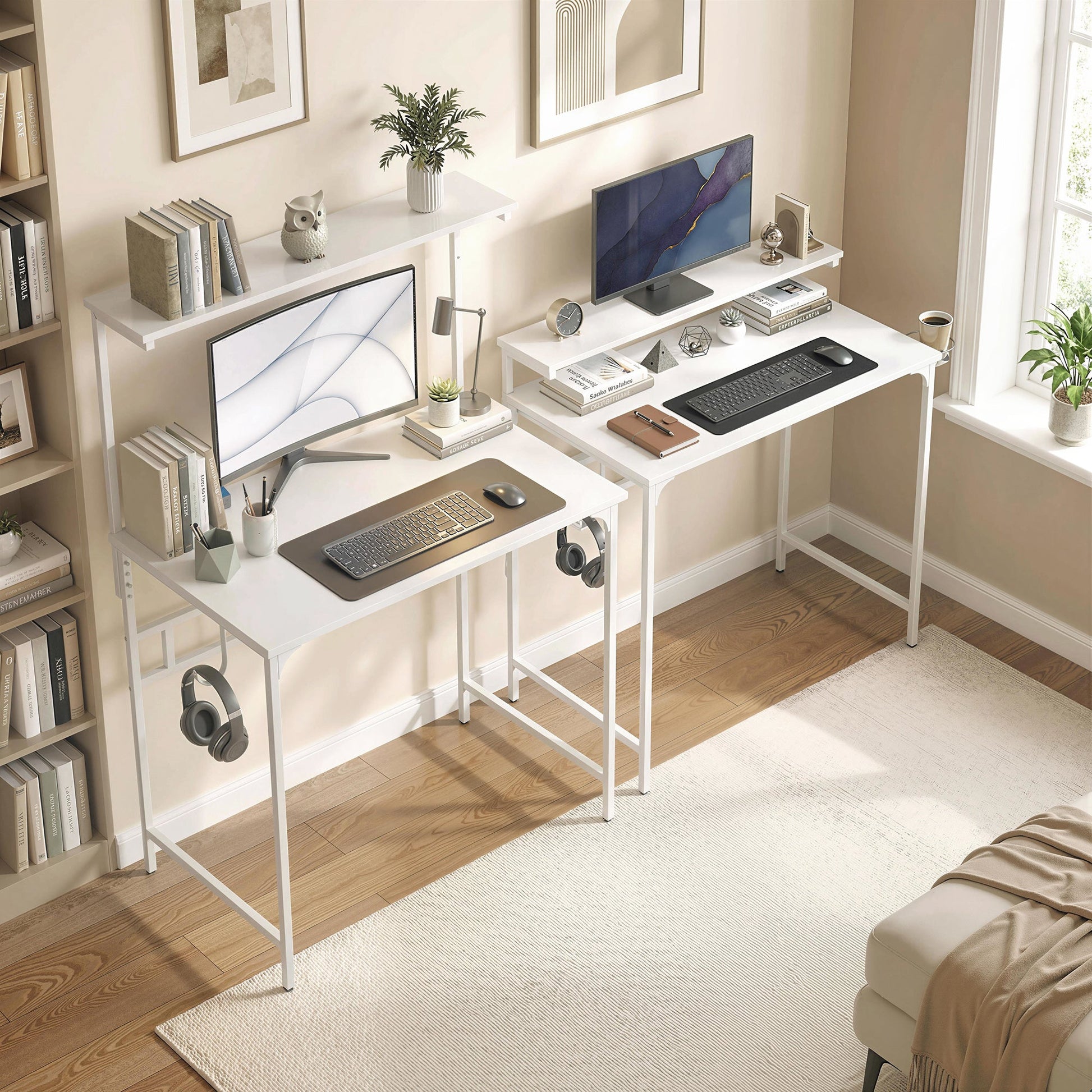 Computer Desk, 80cm Home Office Study Table with Hutch Shelf, Cup Holder, Headphone Hook, Metal Frame, Space Saving Writing Desk, White